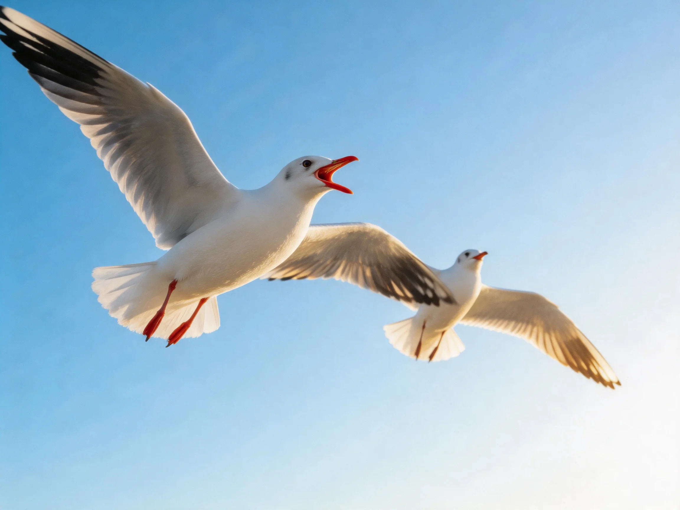 Two seagulls fly with outstretched wings against clear blue sky
