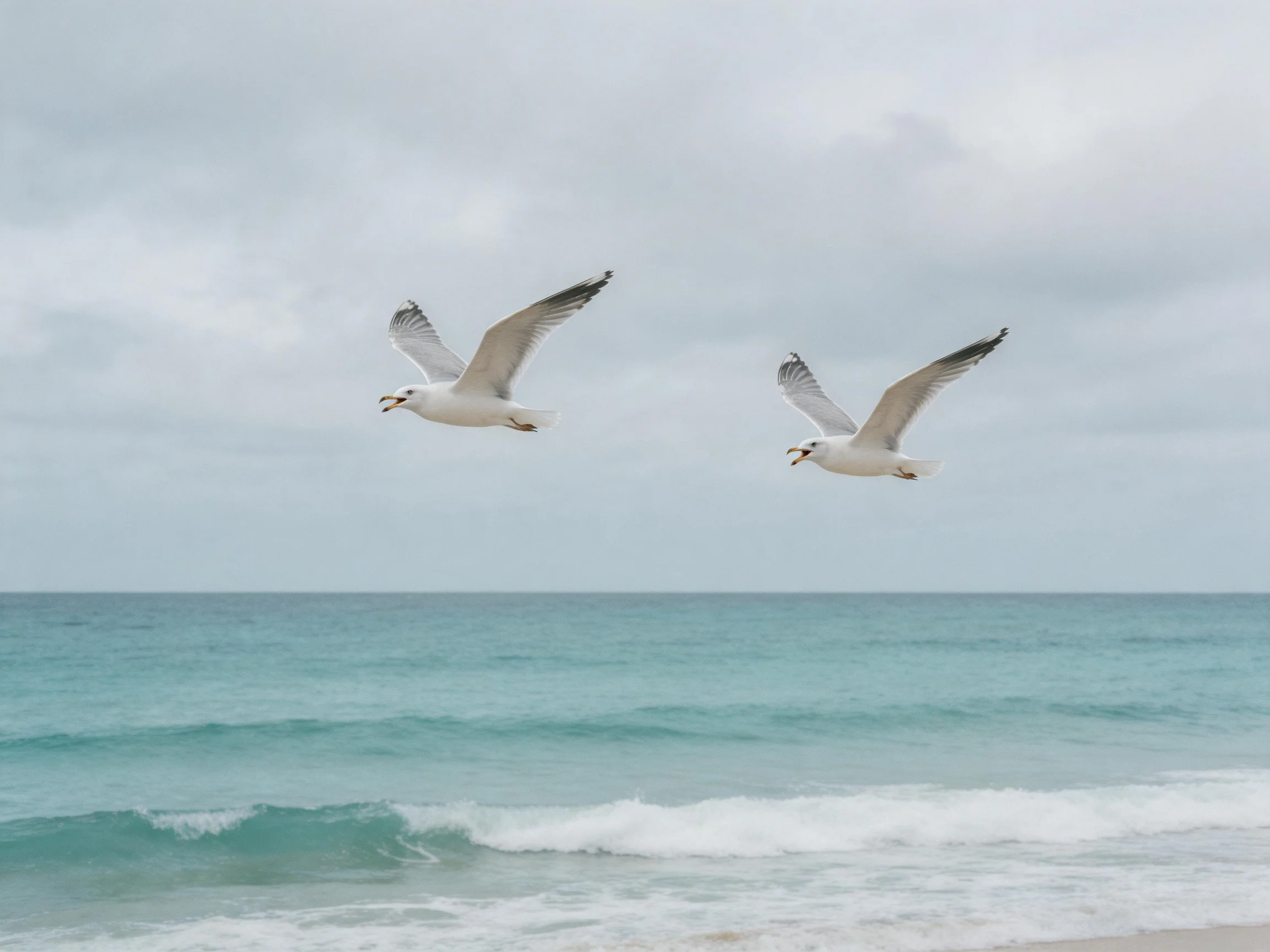 Two seagulls glide over turquoise ocean waves under an overcast sky.