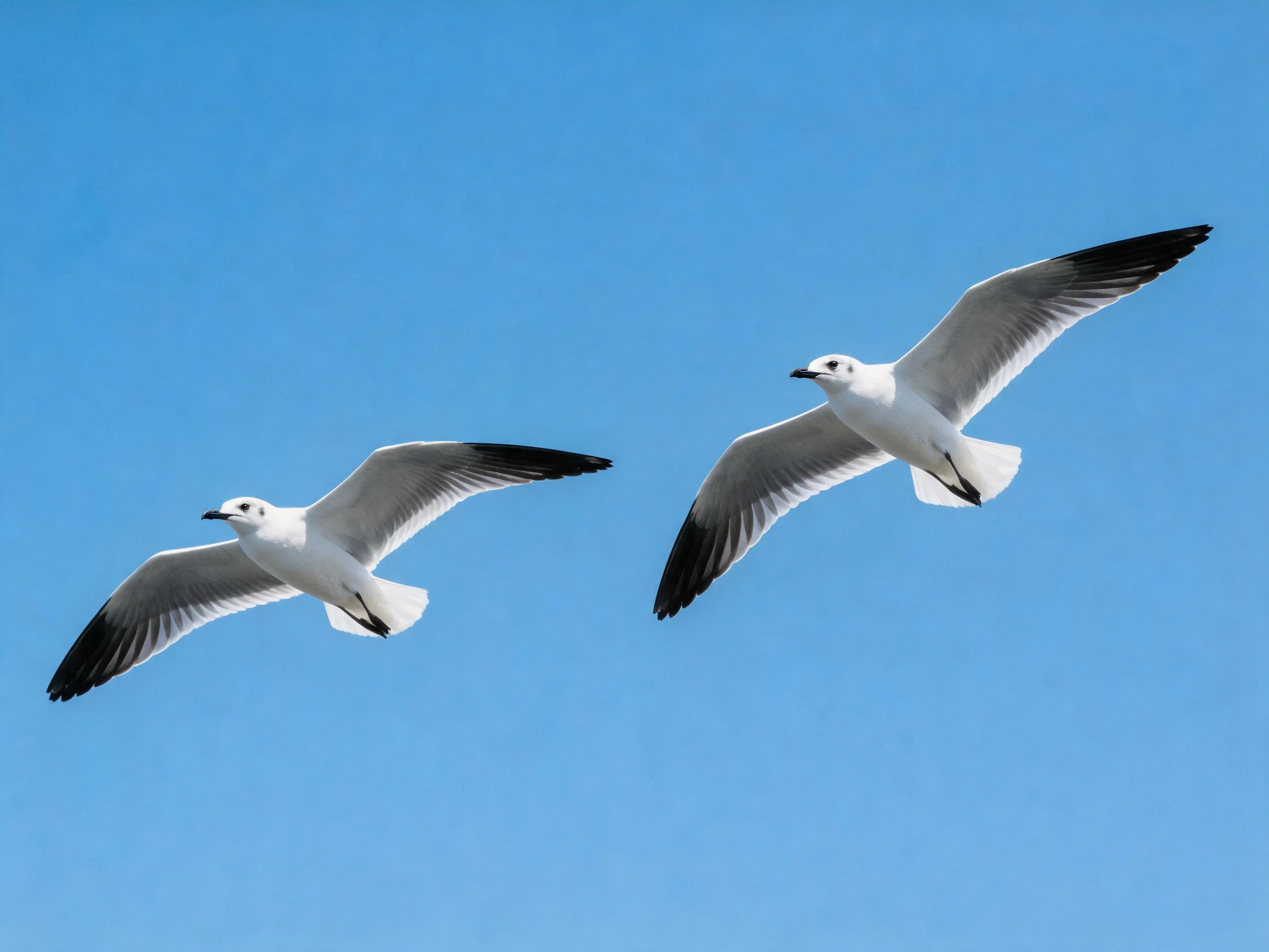 Two seagulls glide with black-tipped wings against a clear blue sky