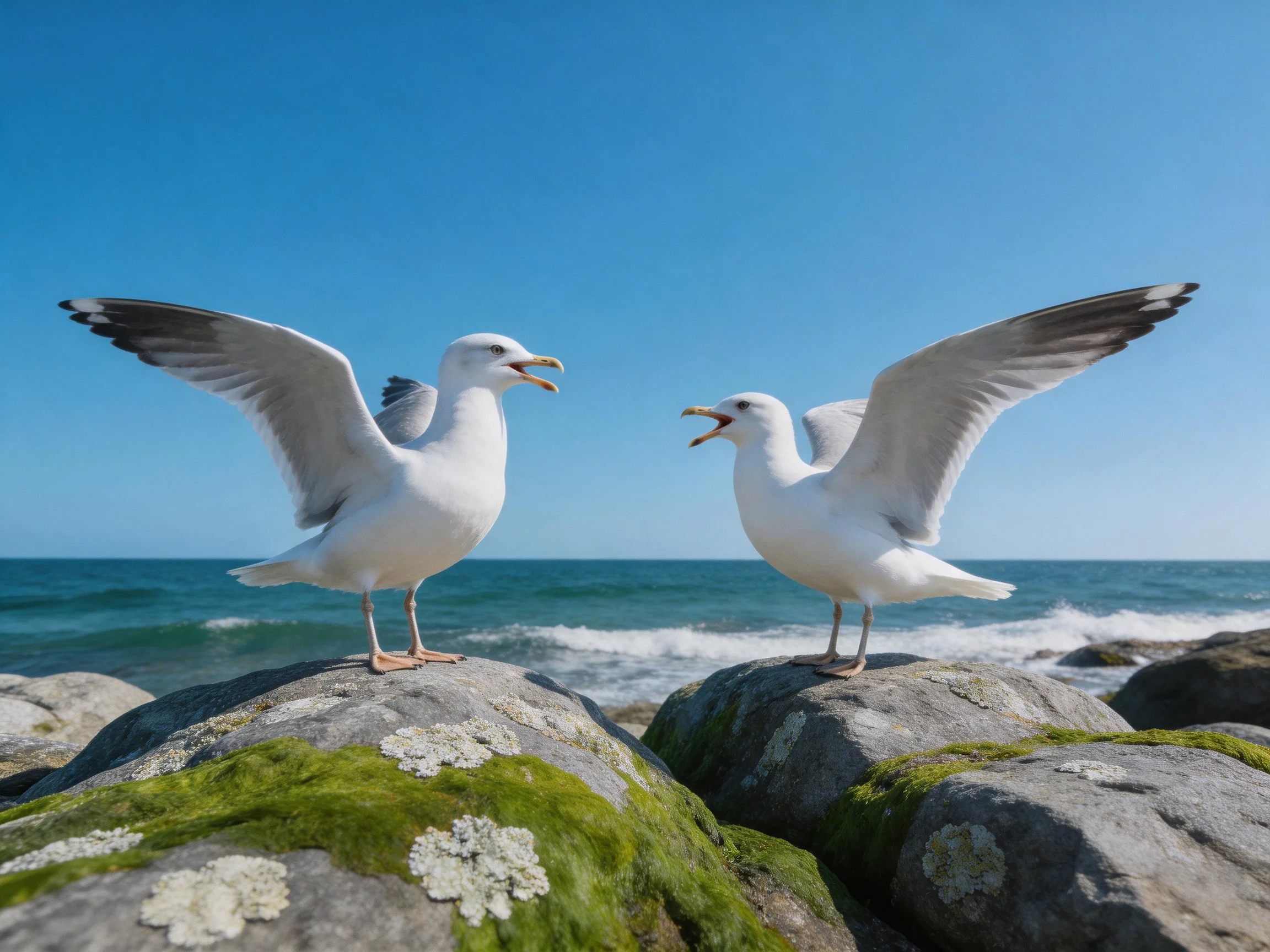 Two seagulls interact on moss-covered coastal rocks by the sea