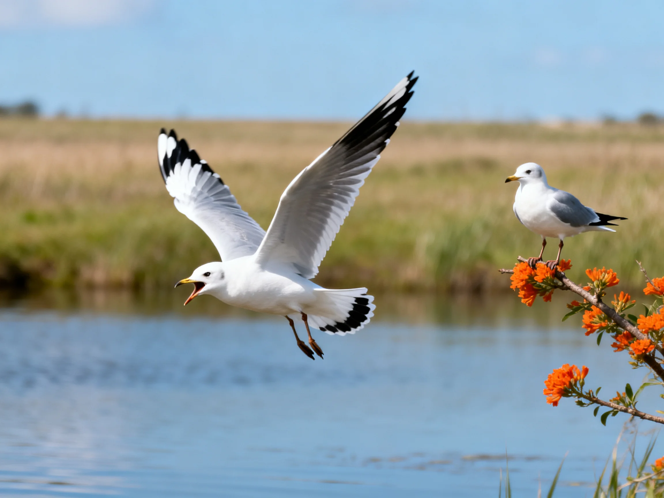 Two seagulls near water, one flying, one perched on orange flowers