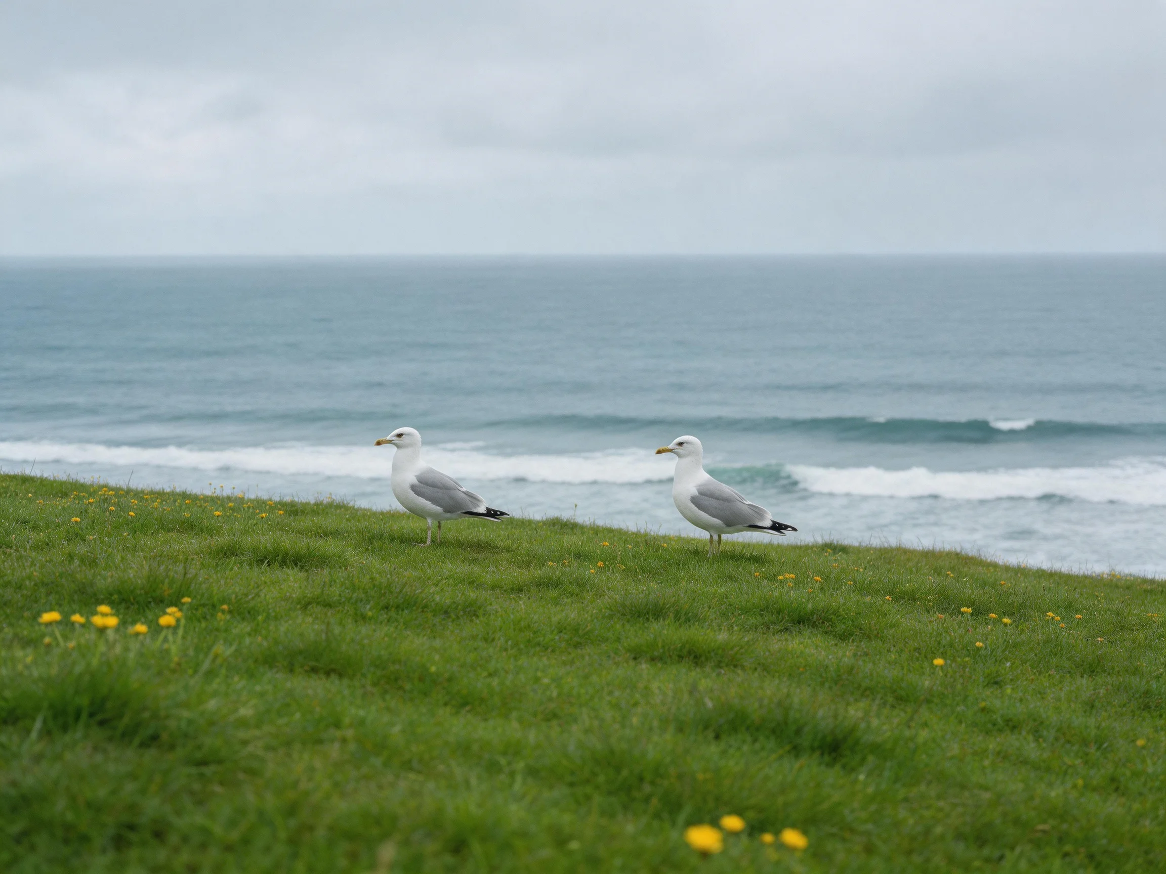 Two seagulls on a grassy coastal hillside near the ocean