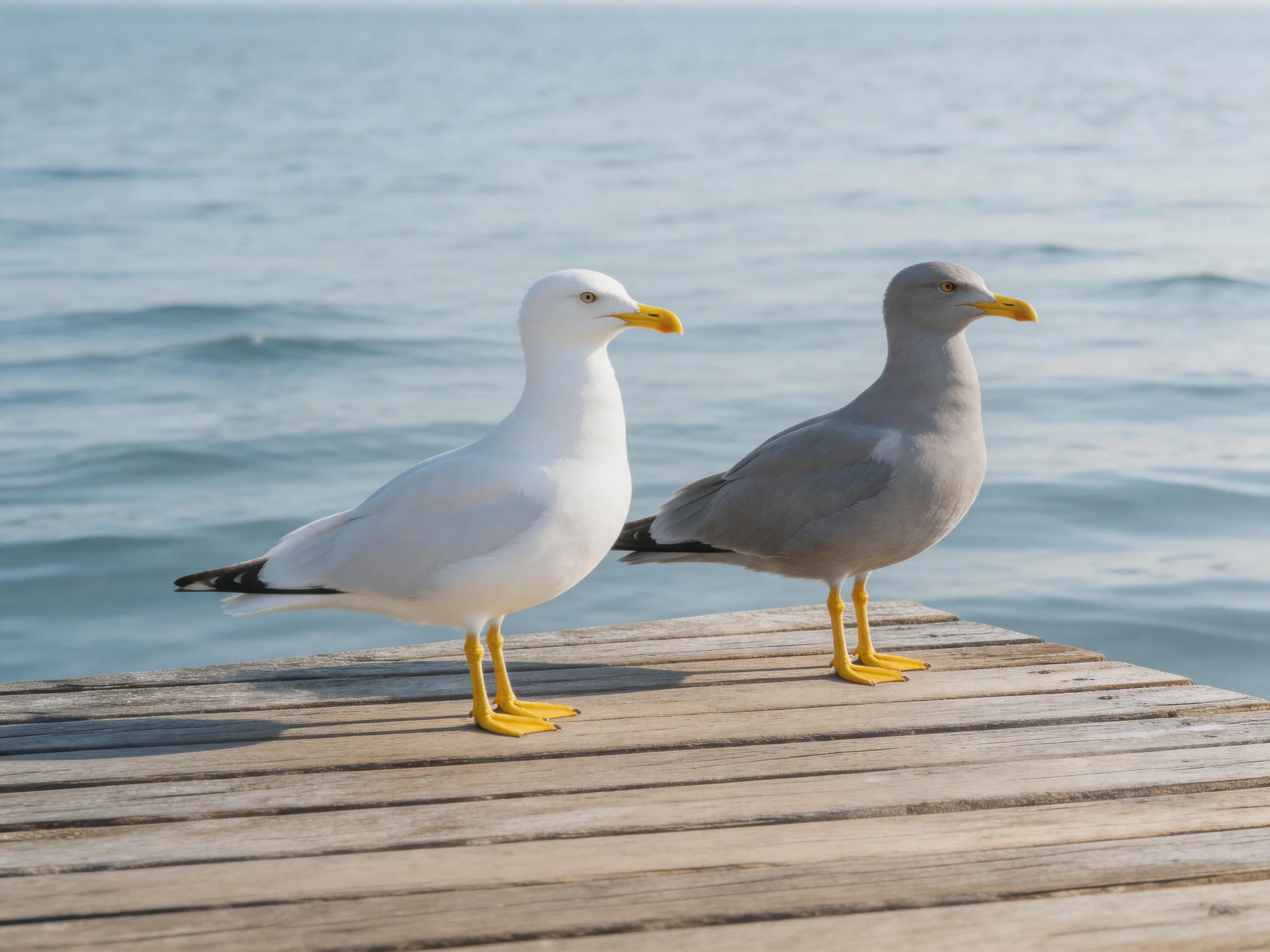 Two seagulls, one white and one gray, stand on a wooden dock by calm water.