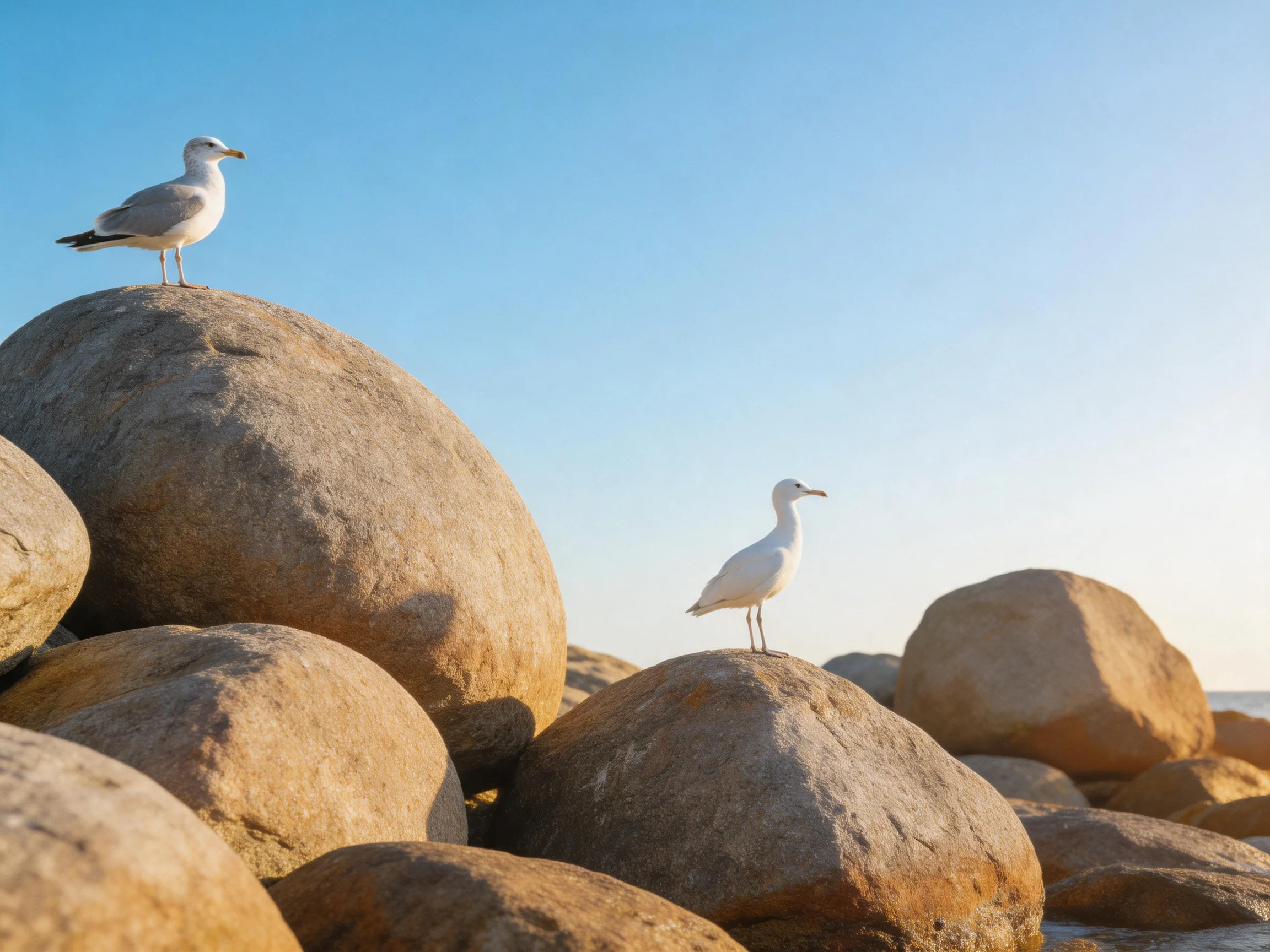 Two seagulls perch on large rounded brown rocks under clear blue sky