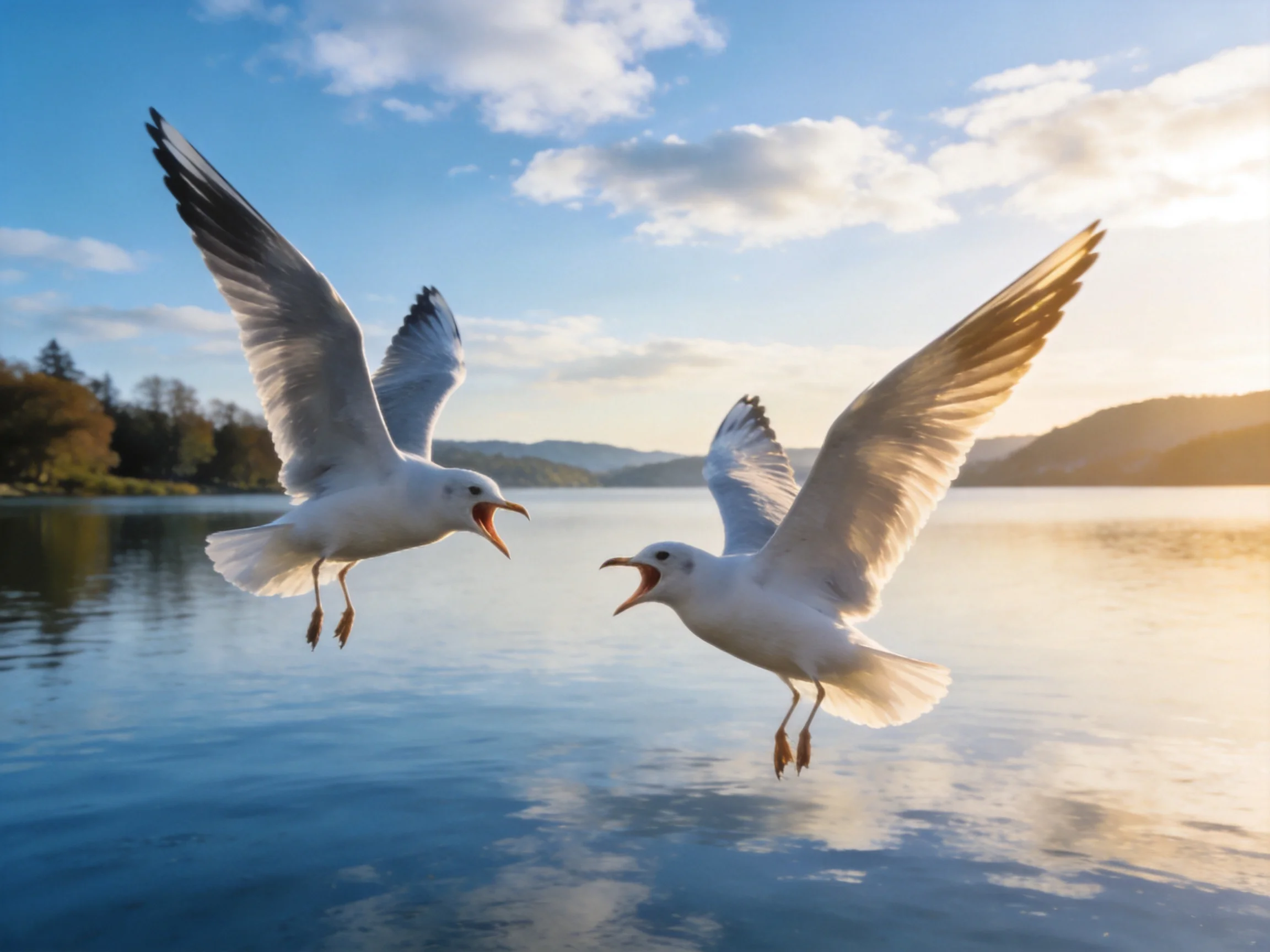 Two seagulls soar over calm lake waters under sunny skies