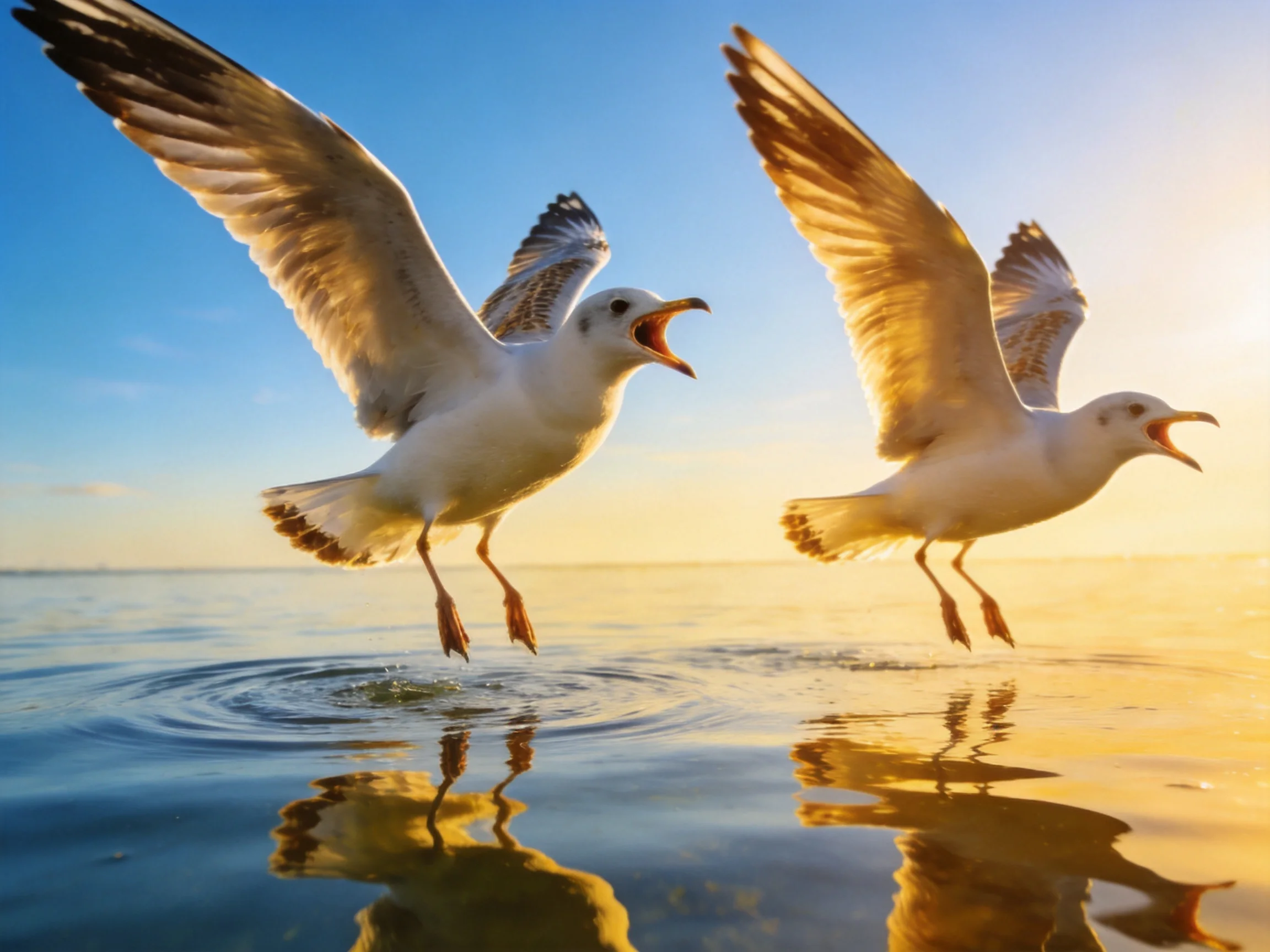 Two seagulls soar over calm water under a bright blue sky