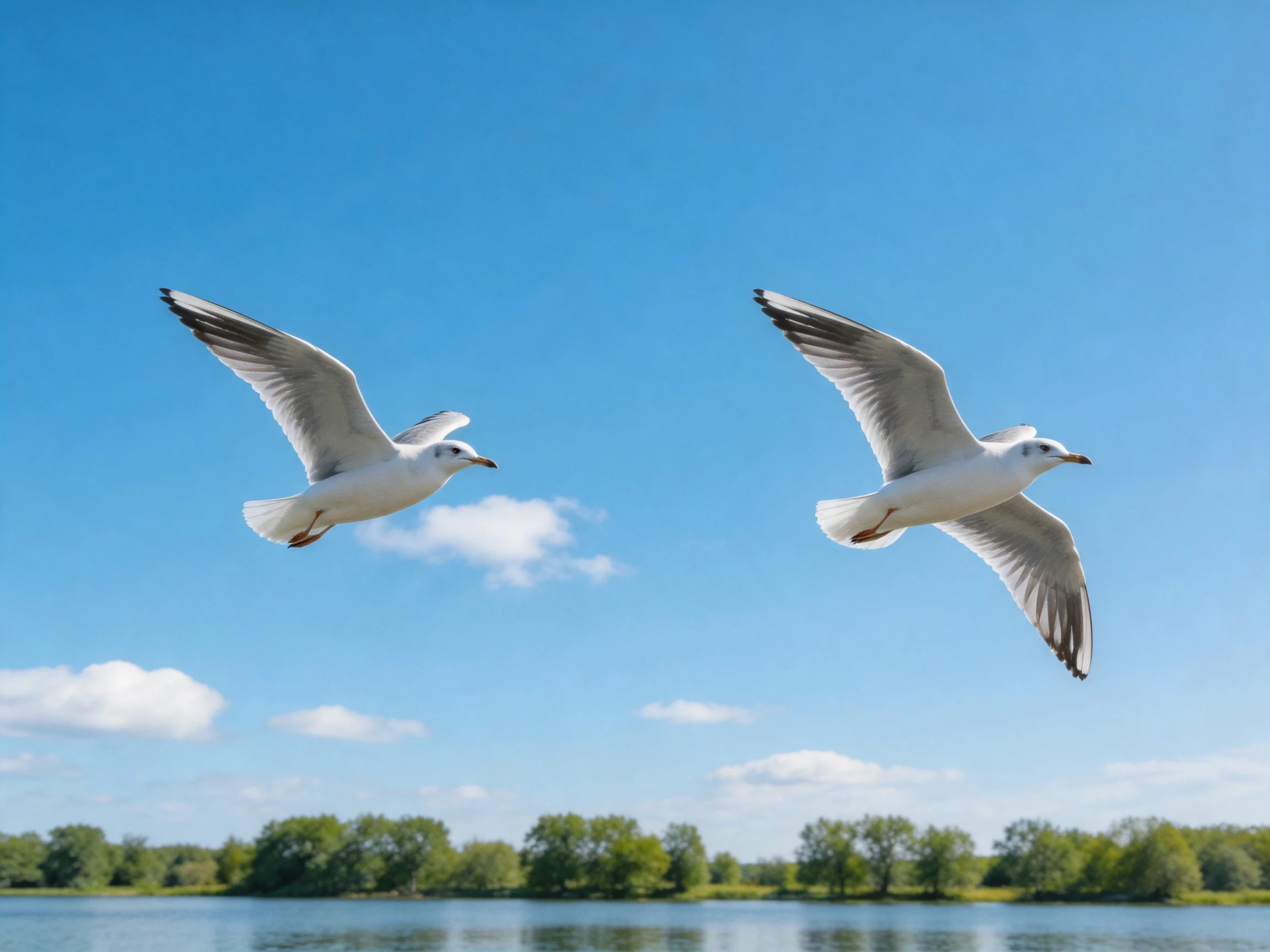 Two seagulls soar over calm water with clear blue sky