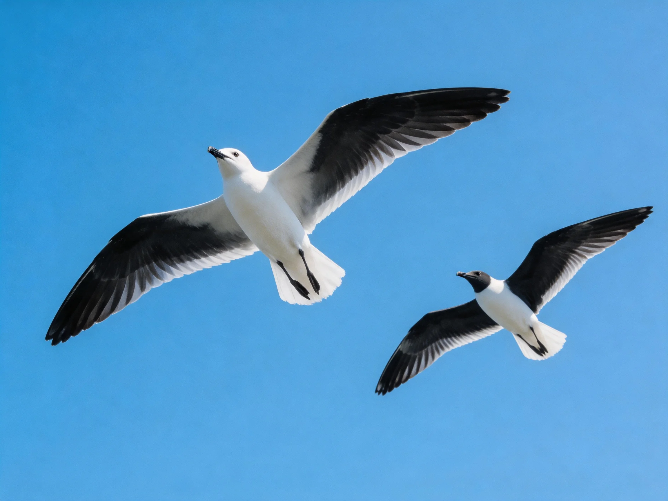 Two seagulls soar with black and white wings against bright blue sky