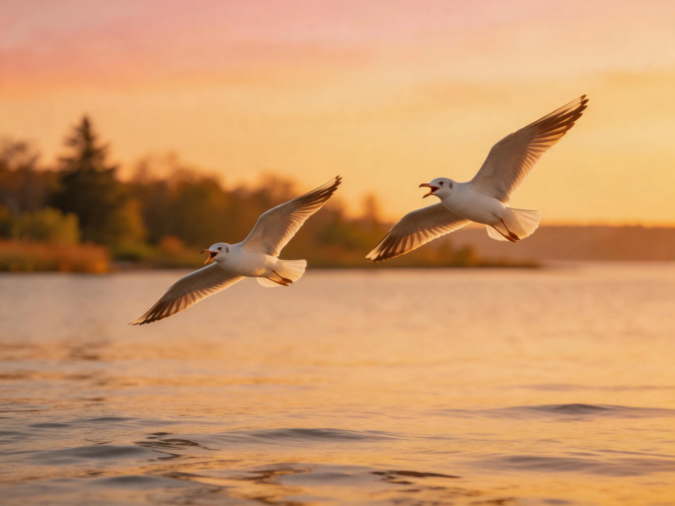 Two seagulls soaring over calm waters at golden hour