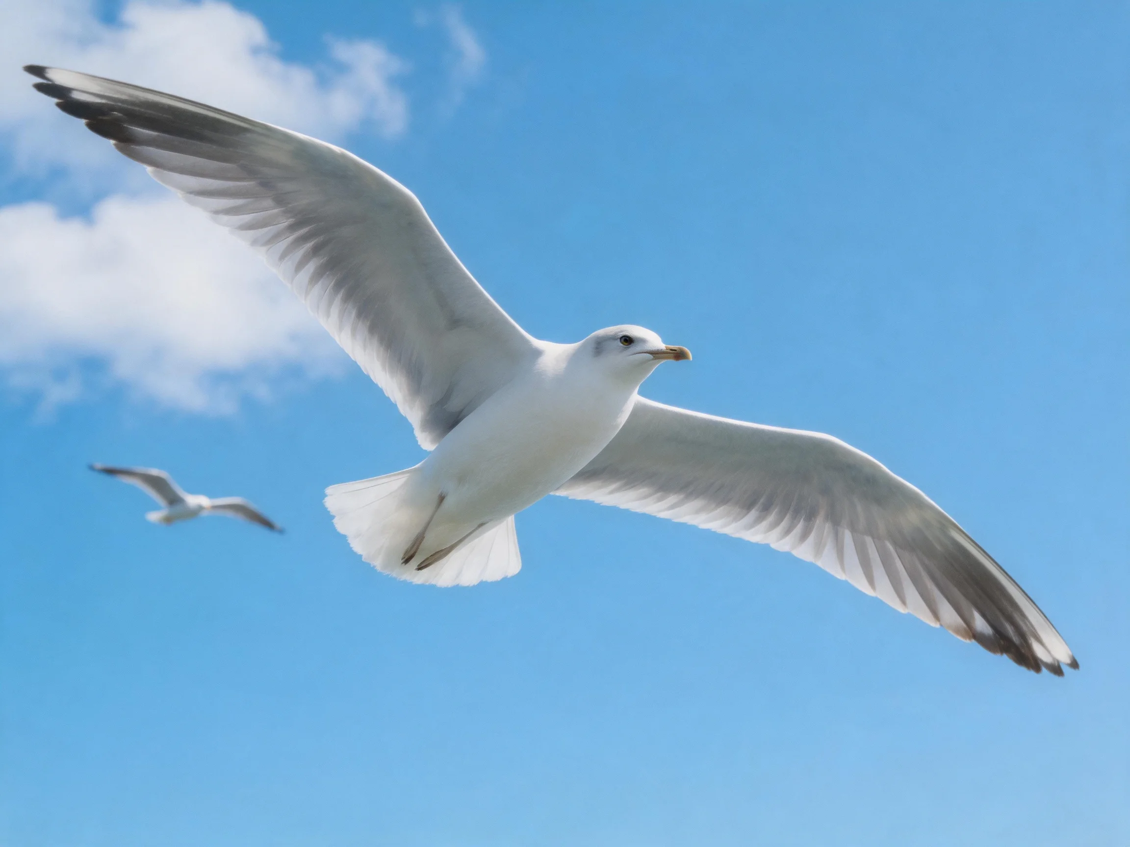 Two seagulls soaring with white wings against bright blue sky