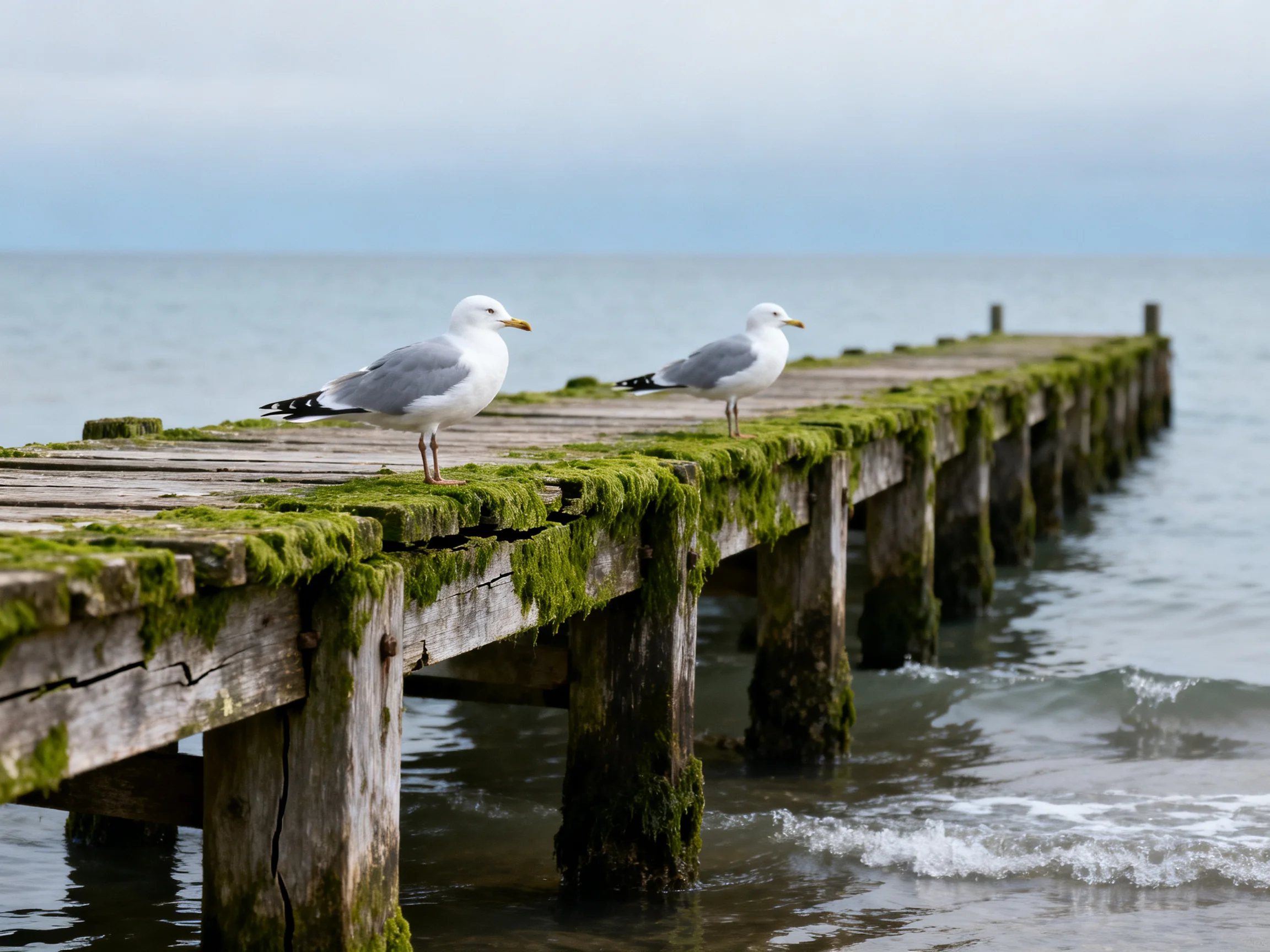 Two seagulls stand on a moss-covered wooden pier over calm waters