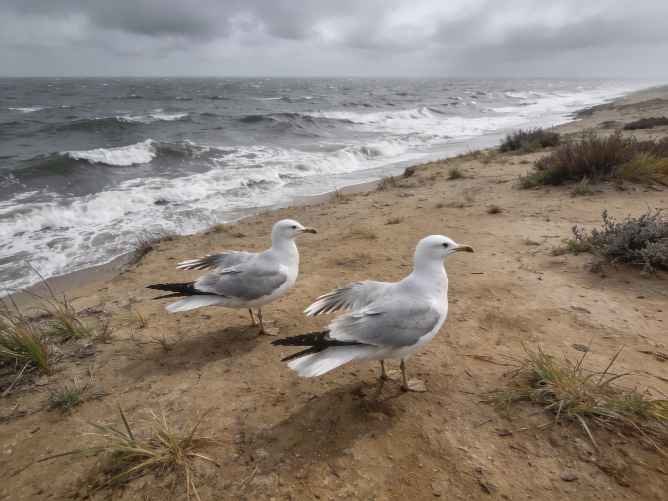 Two seagulls stand on a sandy coastal cliffside with turbulent ocean waves