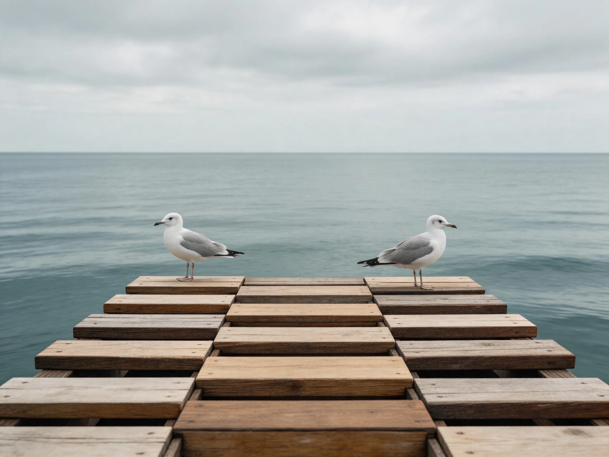 Two seagulls stand on a wooden pier extending into calm ocean waters