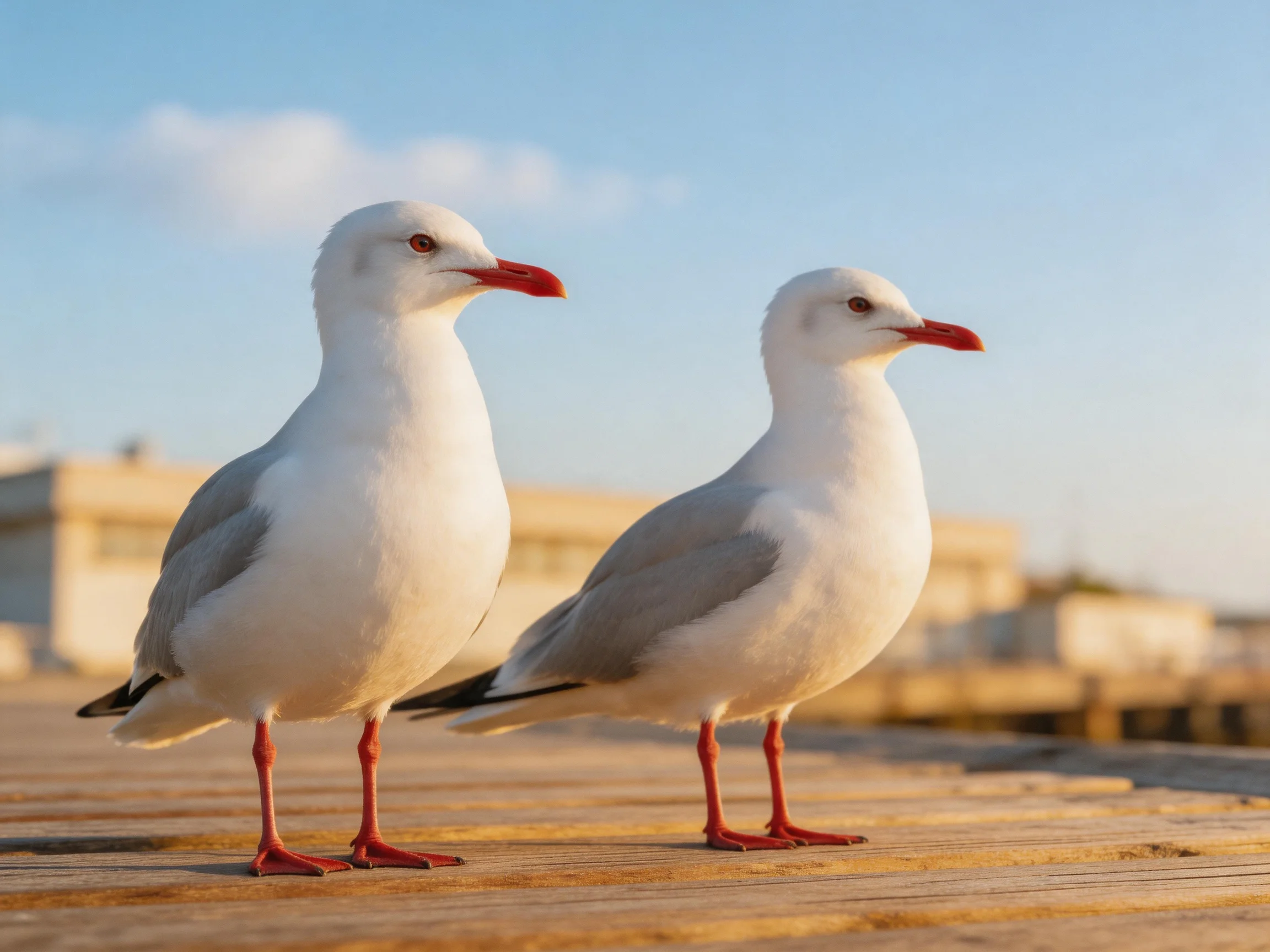 Two seagulls with red beaks stand on a wooden deck