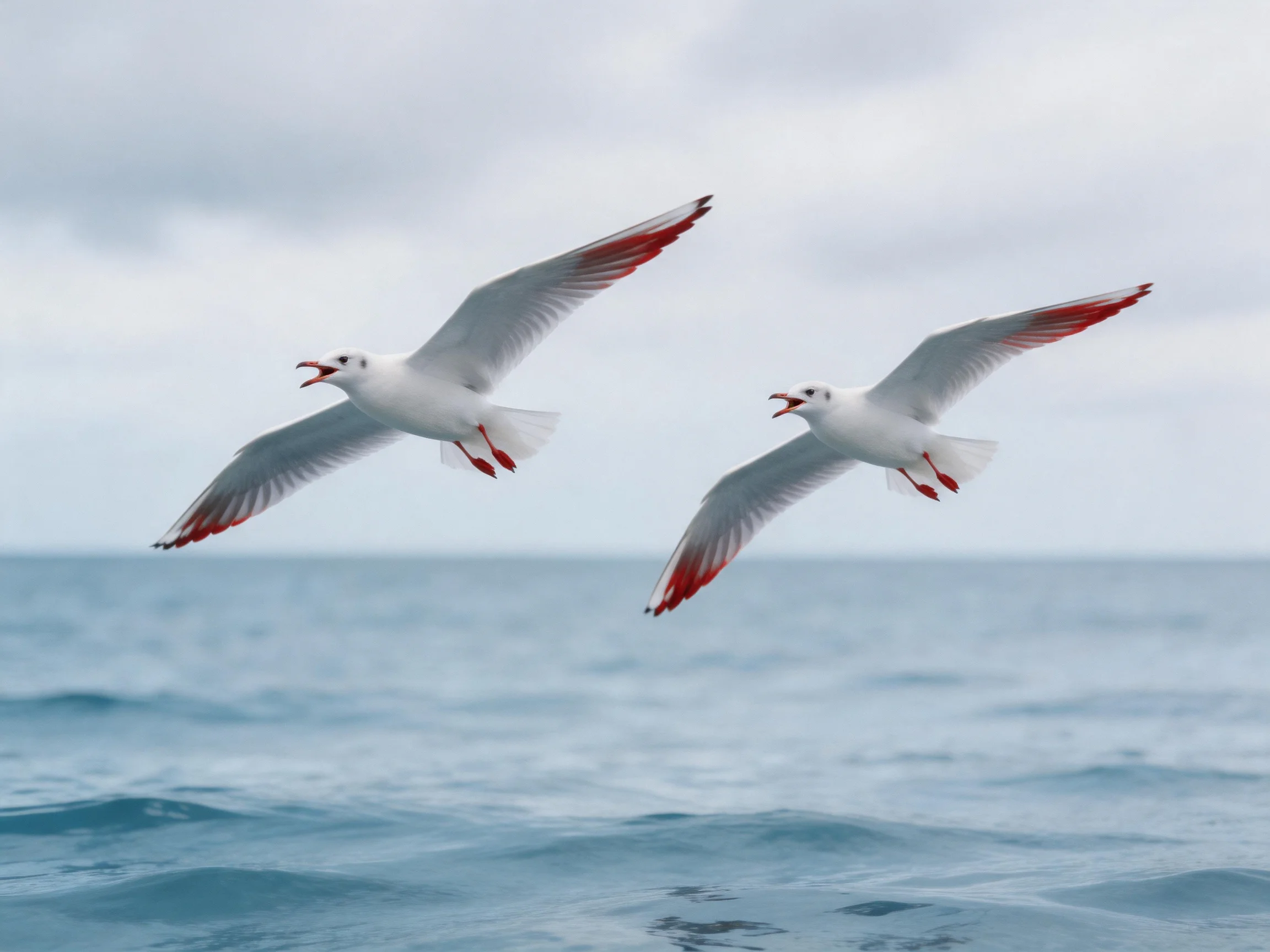 Two seagulls with red-tipped wings soar over calm blue ocean waters