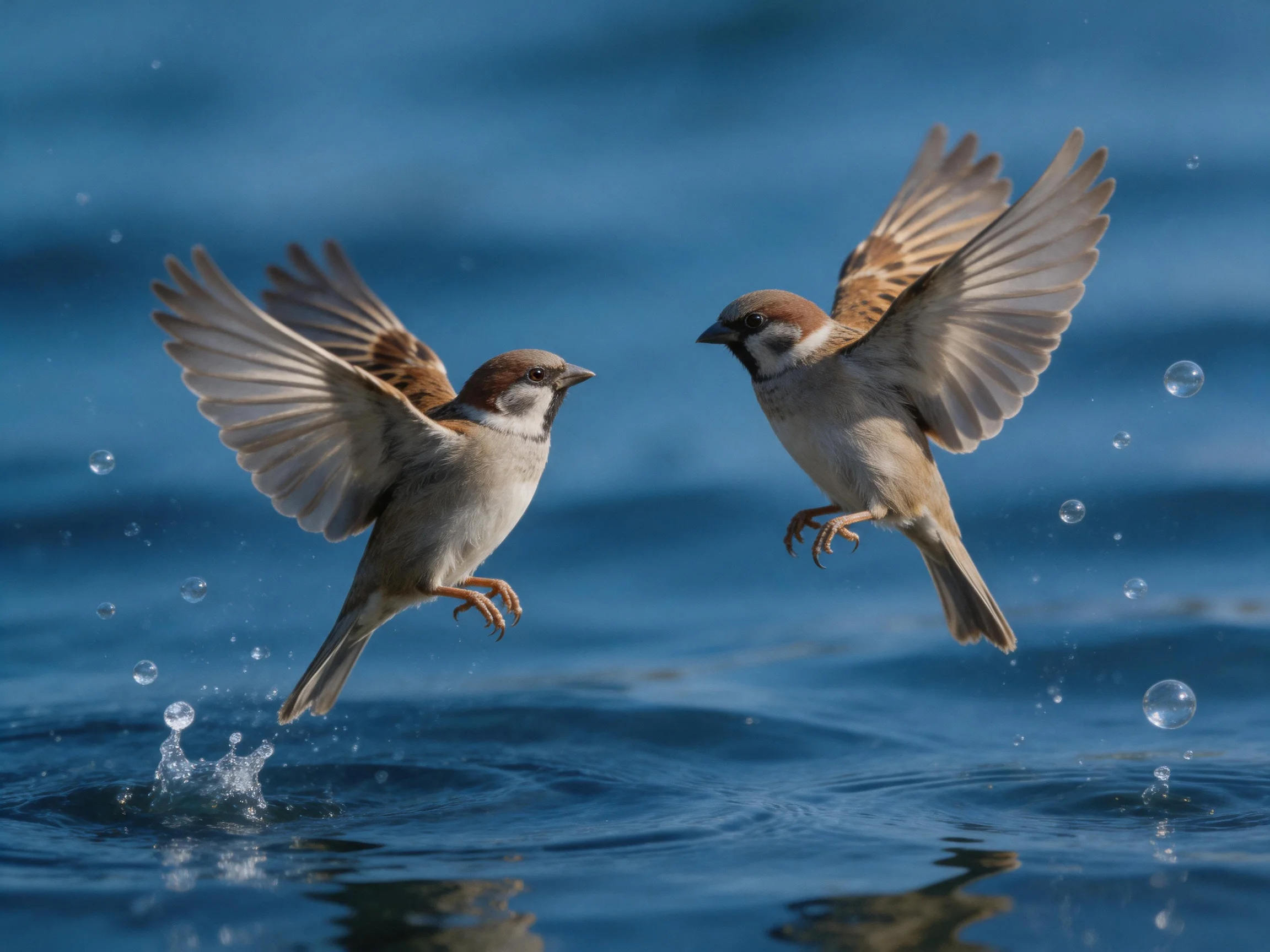 Two small birds fly over rippling blue water with bubbles