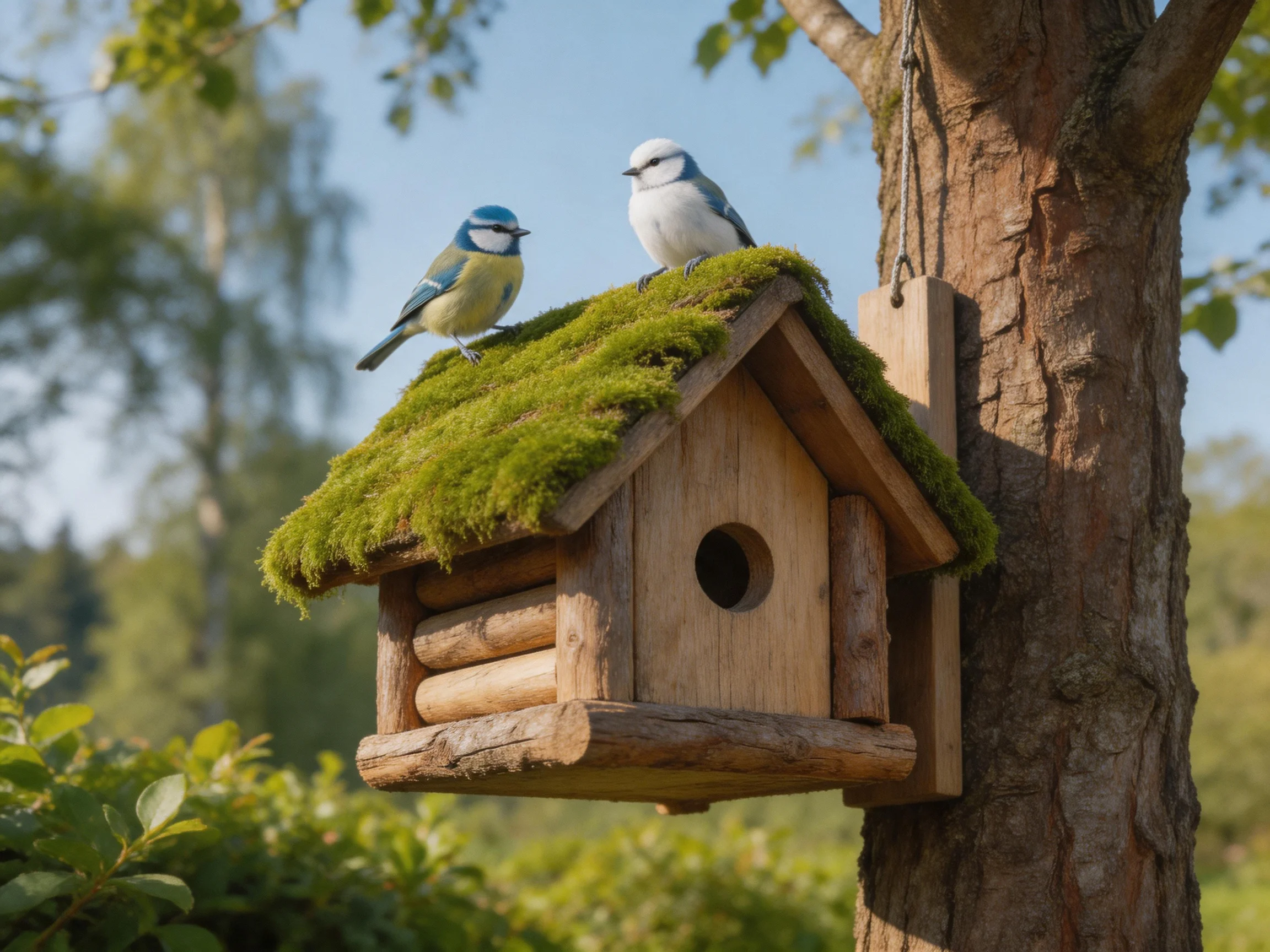 Two small birds sit on a moss-covered wooden birdhouse attached to a tree.