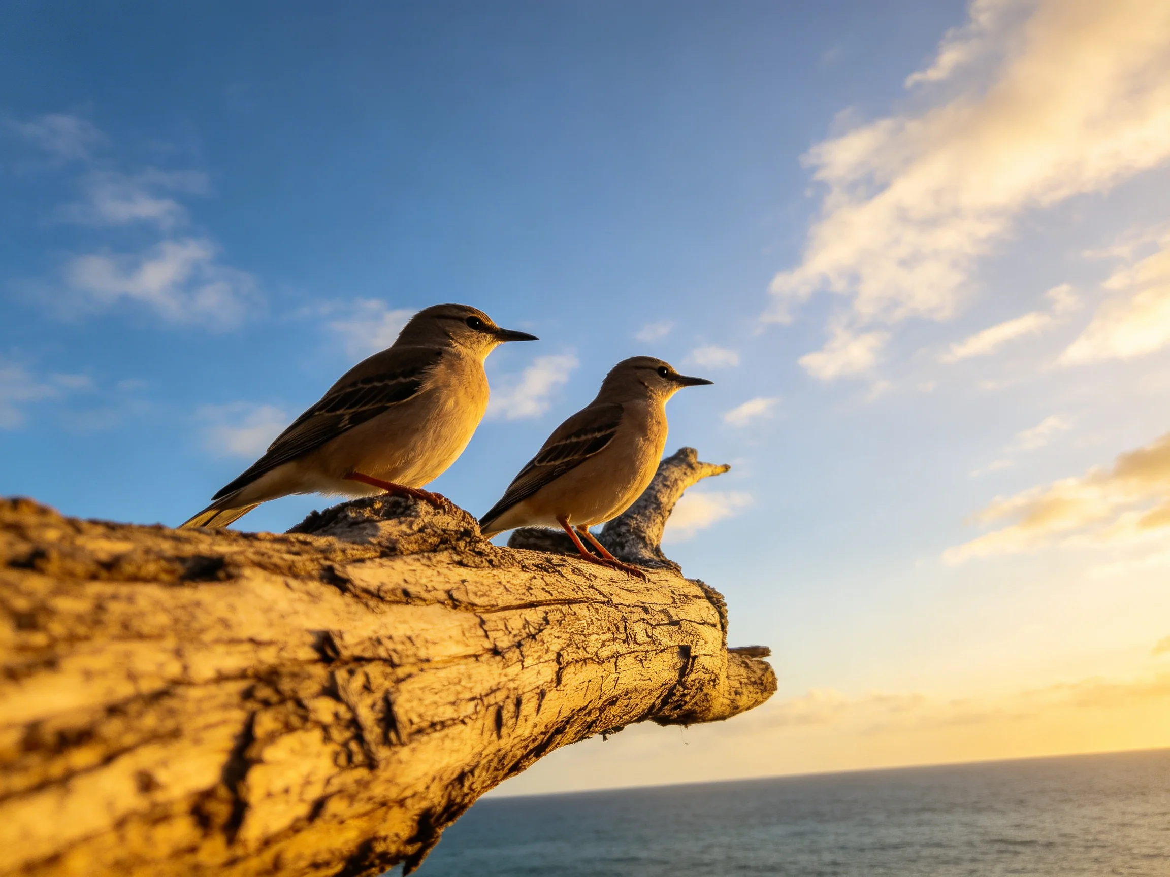Two small birds sit on a weathered driftwood log by the ocean