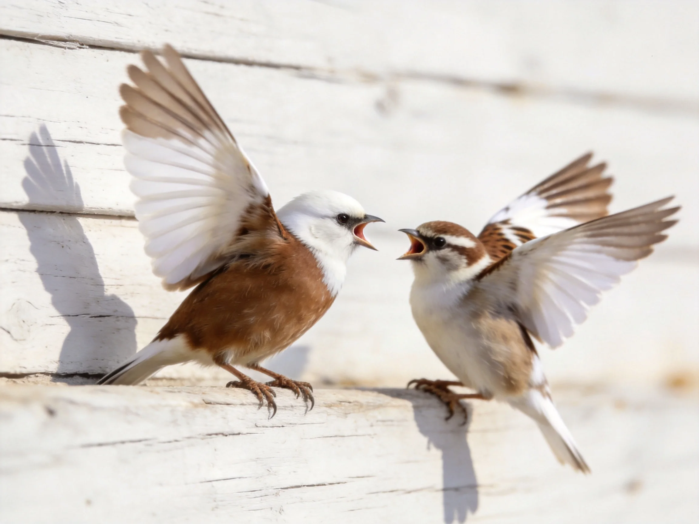 Two small birds with brown and white plumage interact near a white wooden structure.