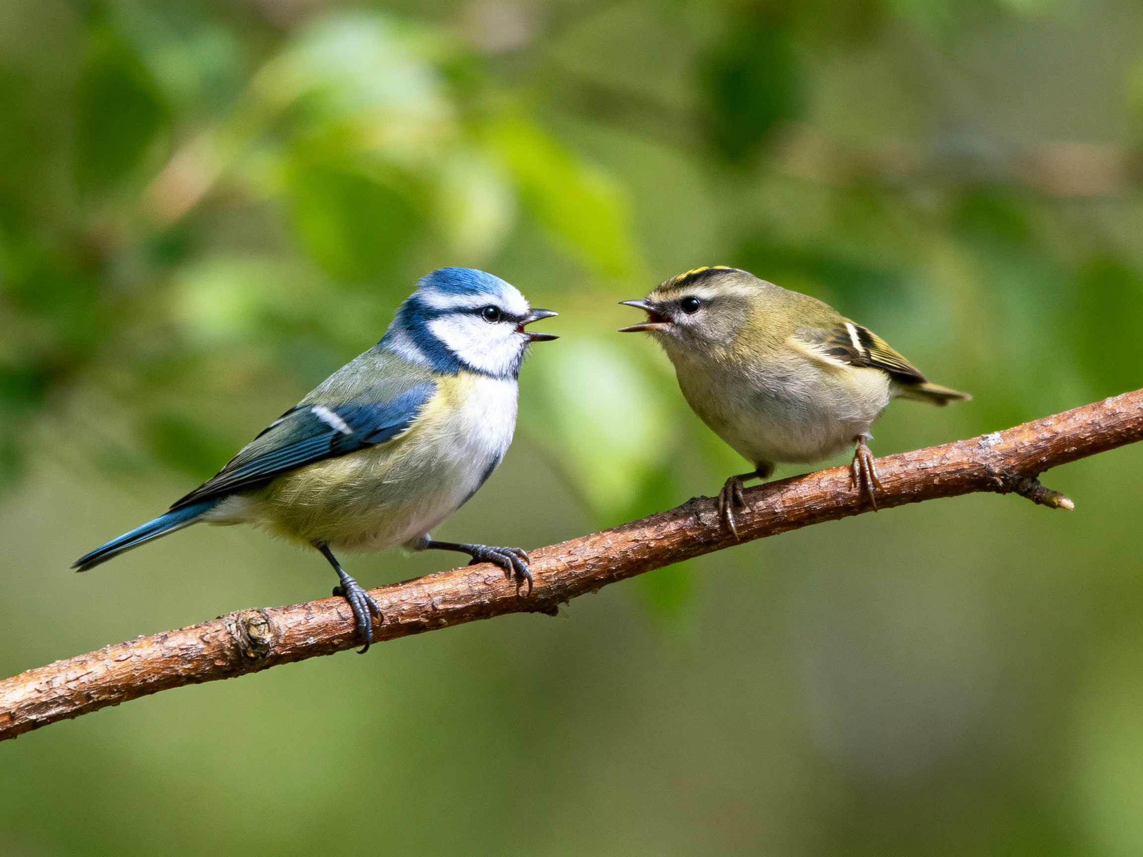 Two small birds with contrasting colors perch on a branch near green foliage