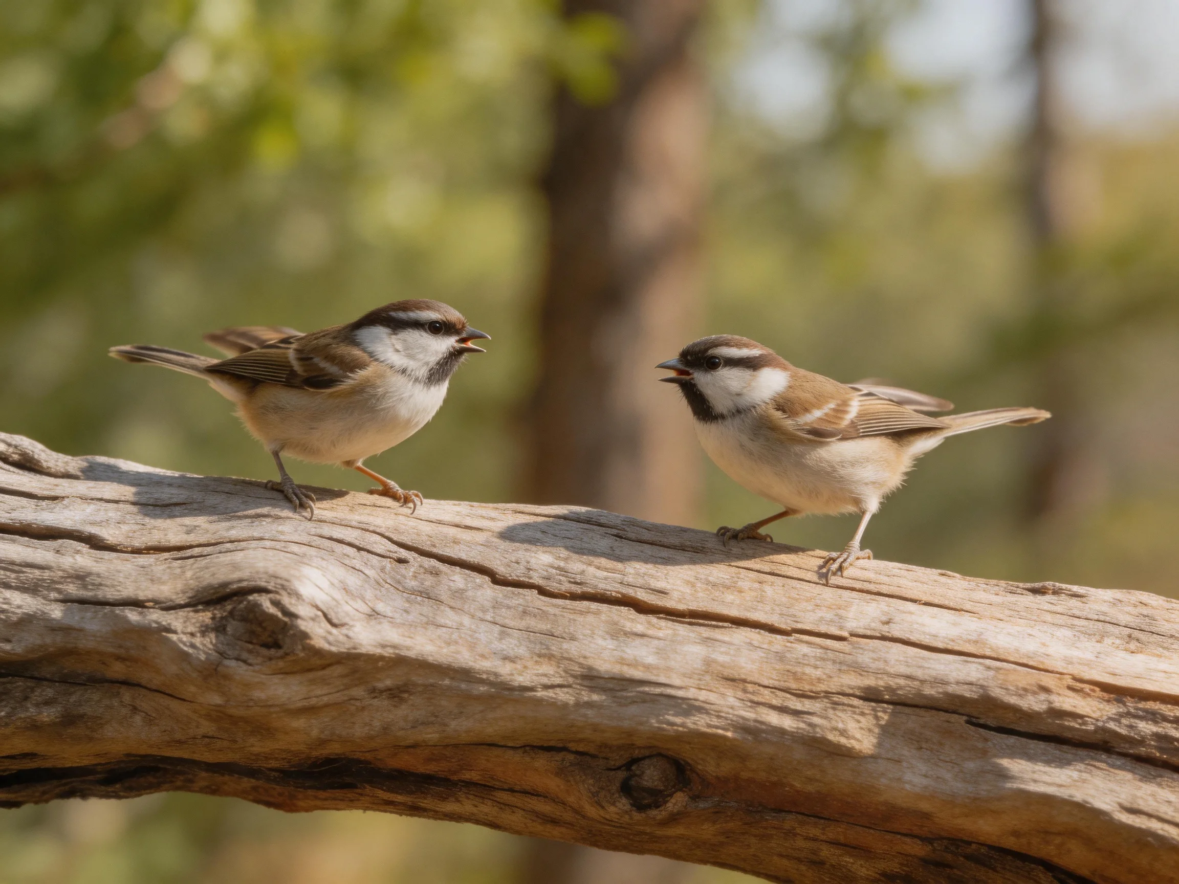 Two small brown and white birds interacting on a weathered wooden log