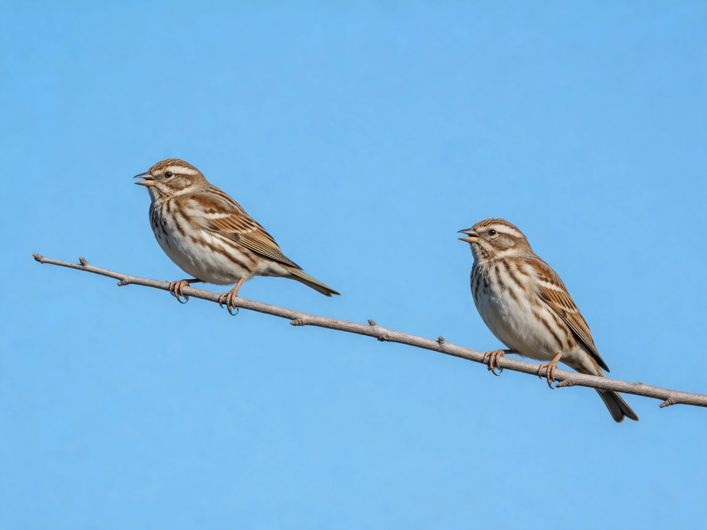 Two small brown and white striped sparrows perch on a thin branch under clear blue sky