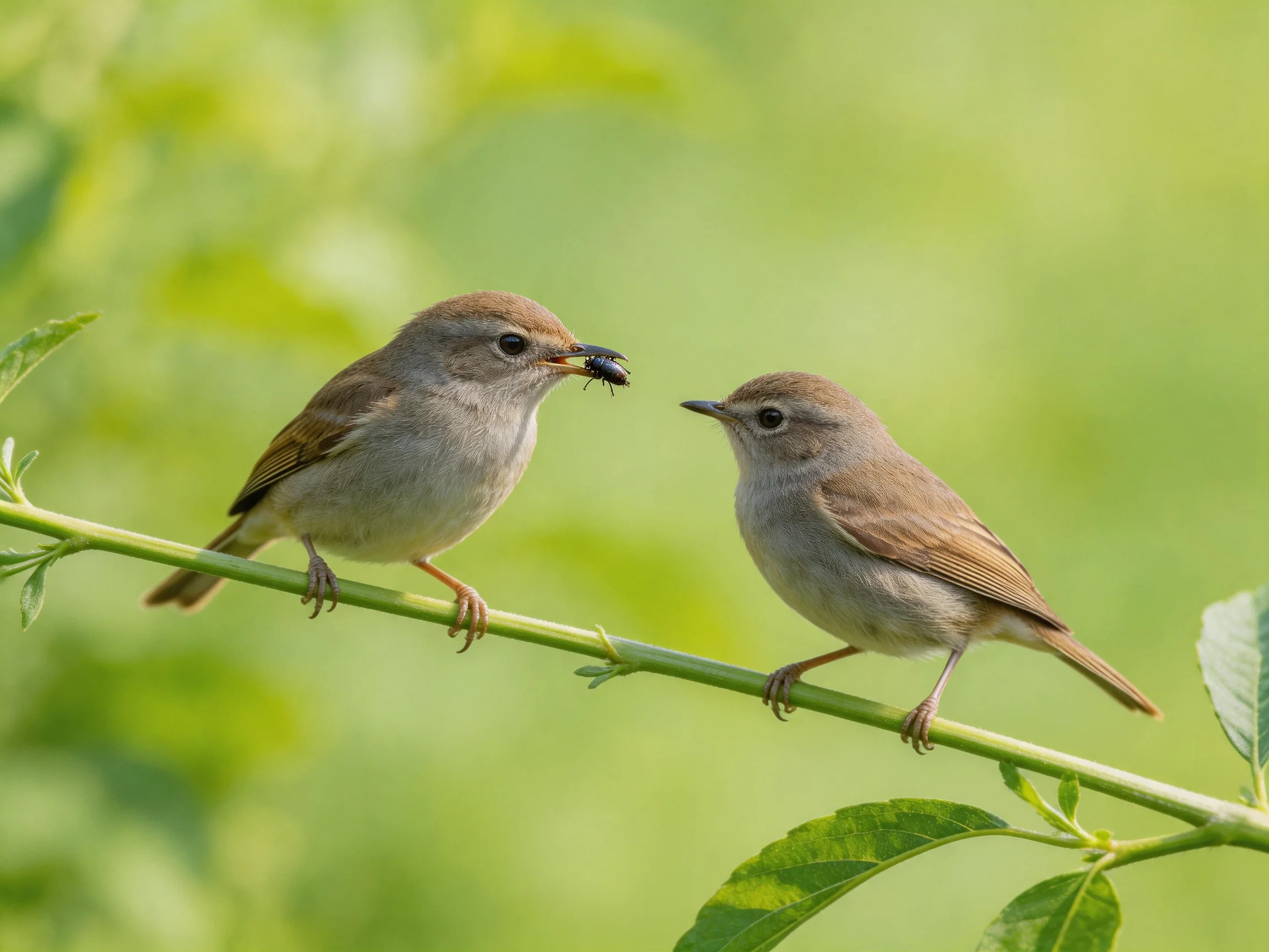 Two small brown birds interact on a green branch with one holding prey