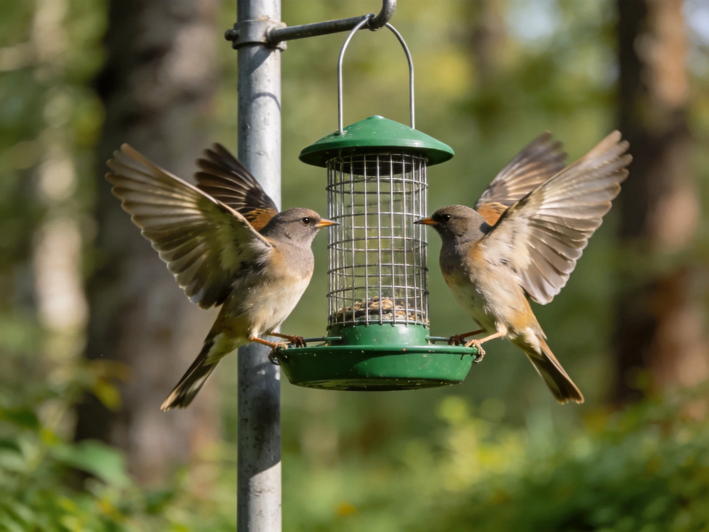 Two small brown birds interacting with a green bird feeder outdoors