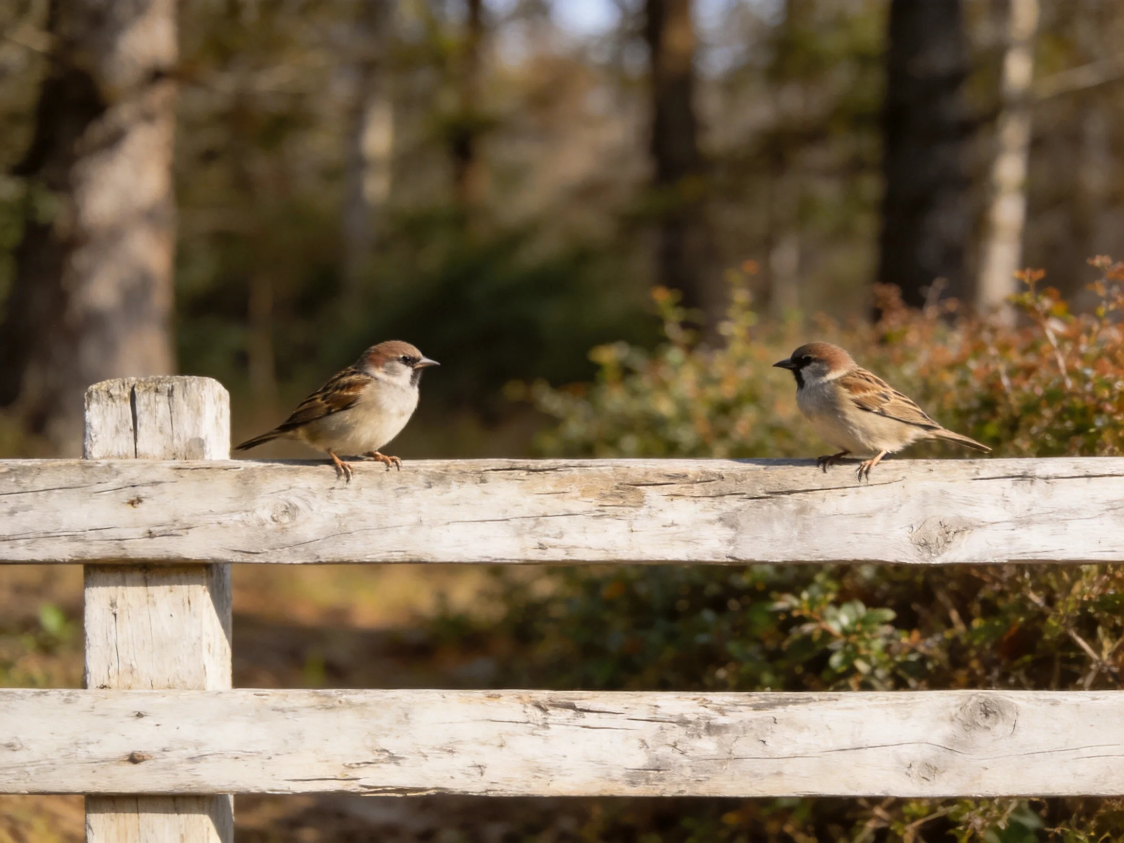 Two small brown birds perched on weathered wooden fence
