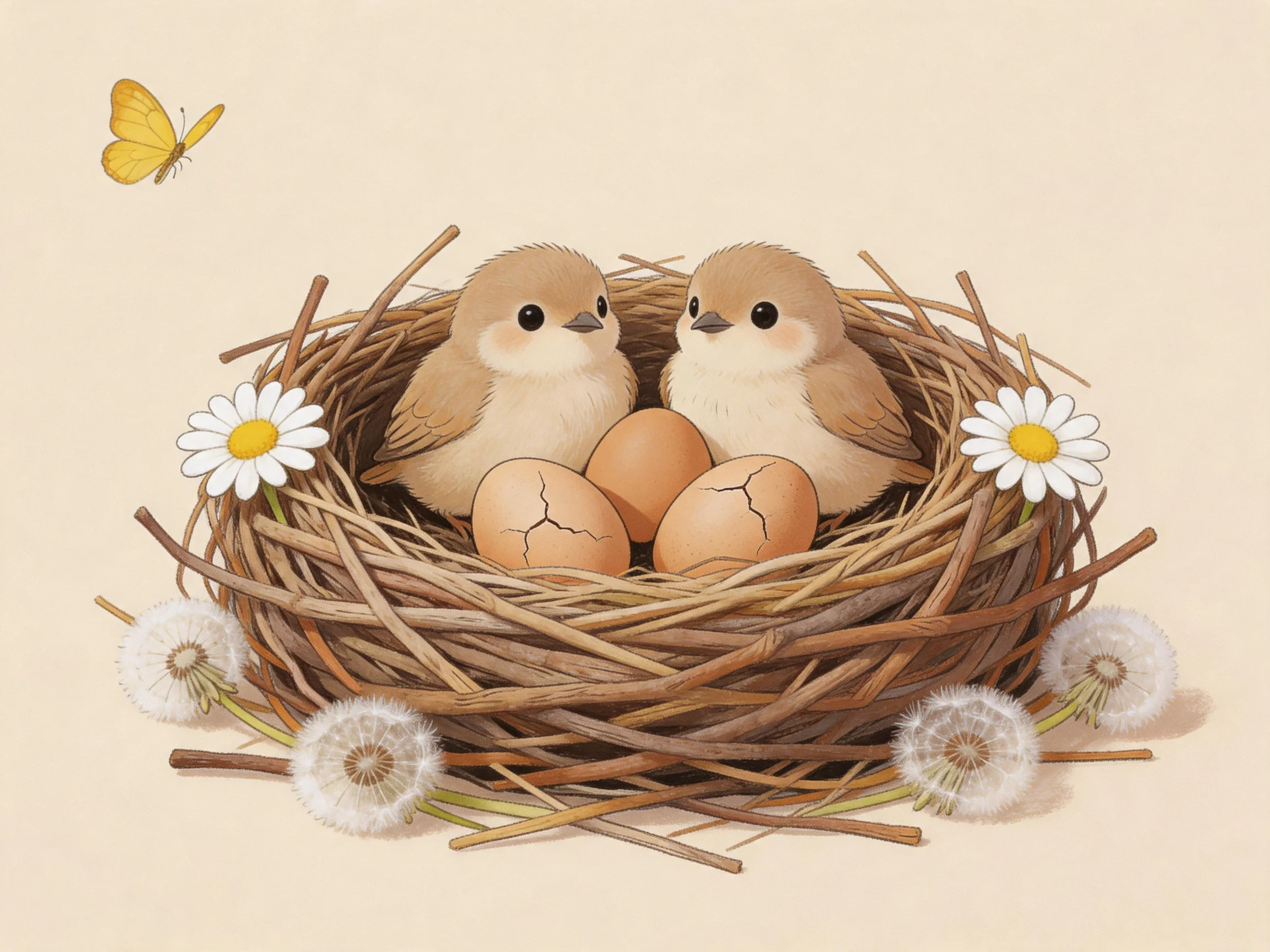 Two small brown birds rest in a straw nest with cracked eggs, white daisies, and dandelions, near a y