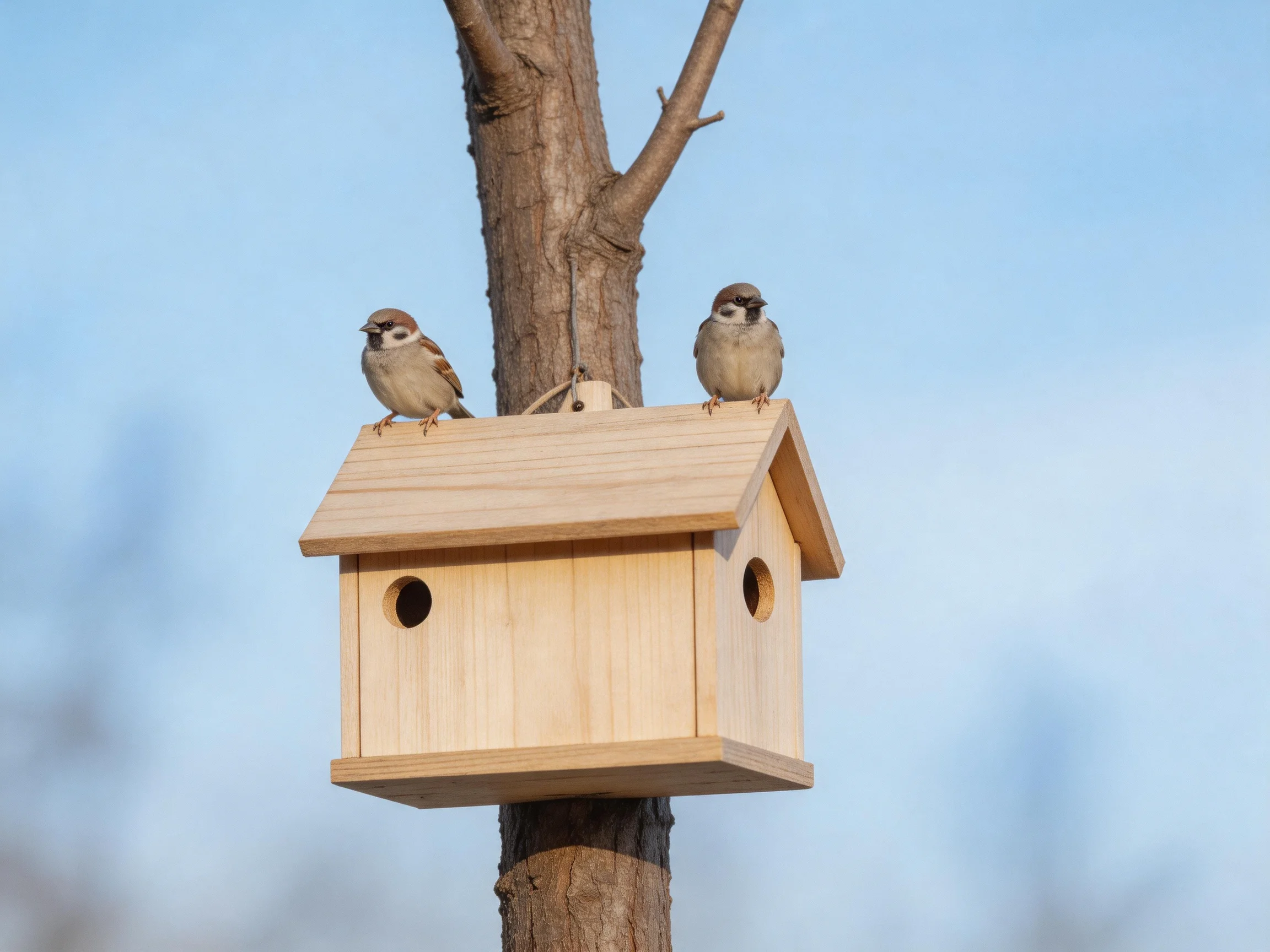 Two small brown birds sit on a light-colored wooden birdhouse attached to a tree trunk.