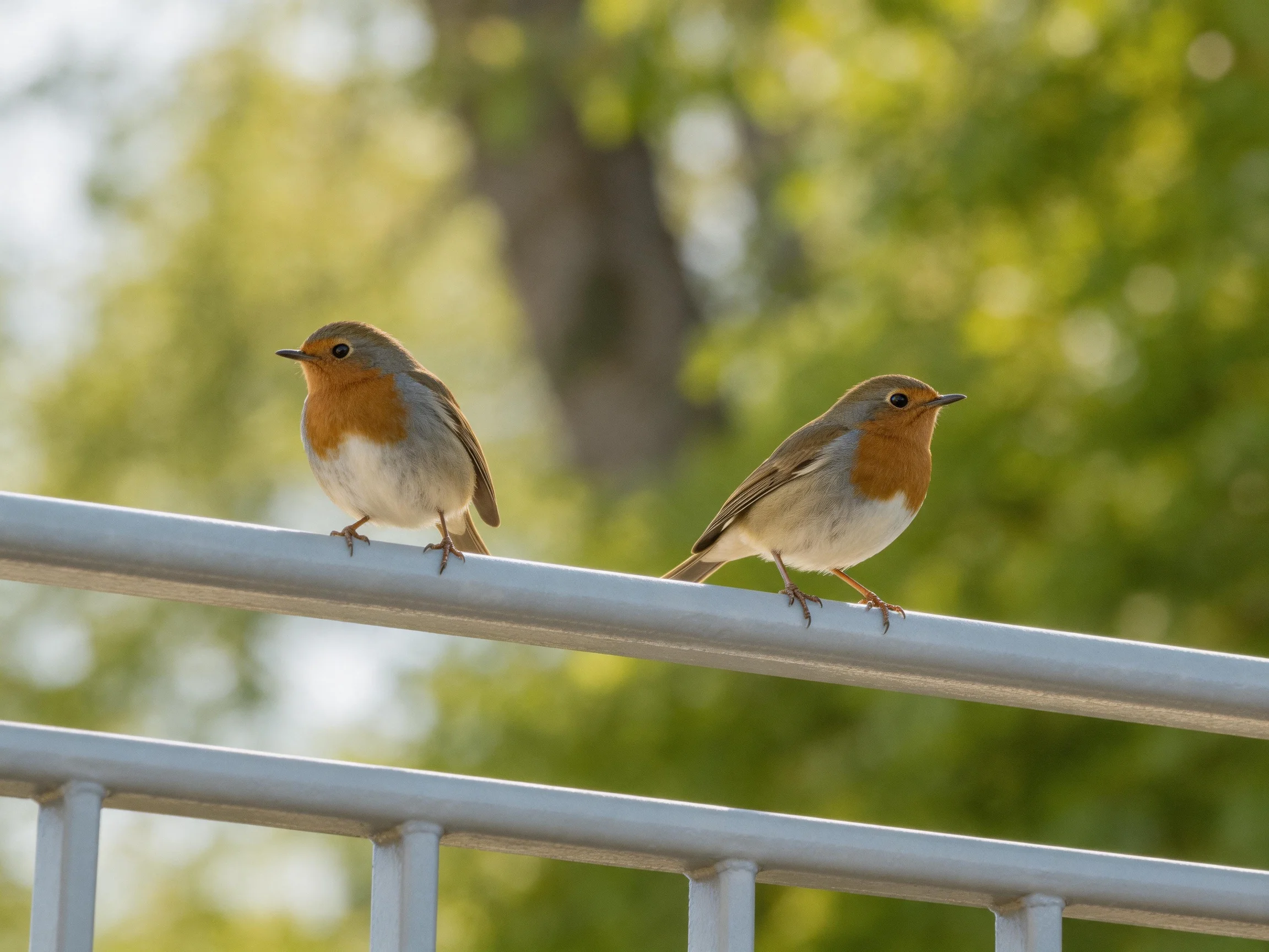 Two small orange-breasted birds perch on a silver railing near green trees