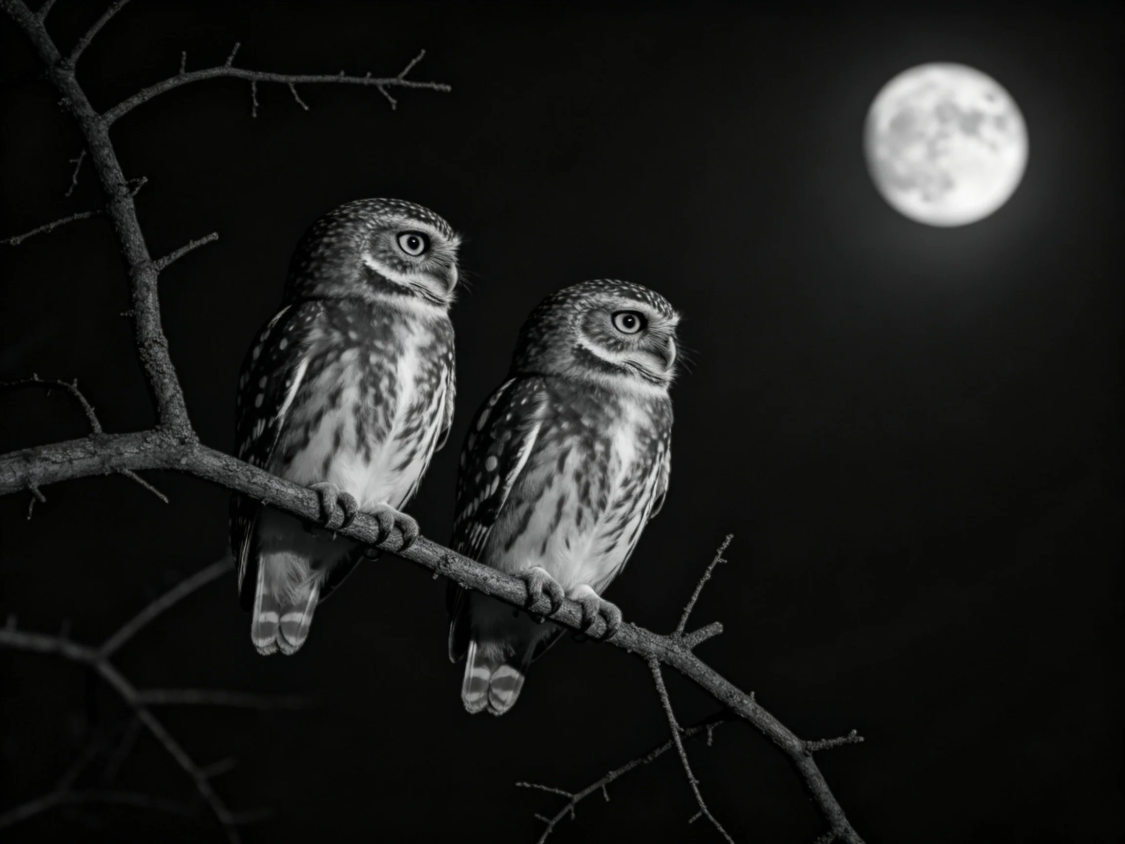 Two small owls perch on a bare tree branch under a bright moon