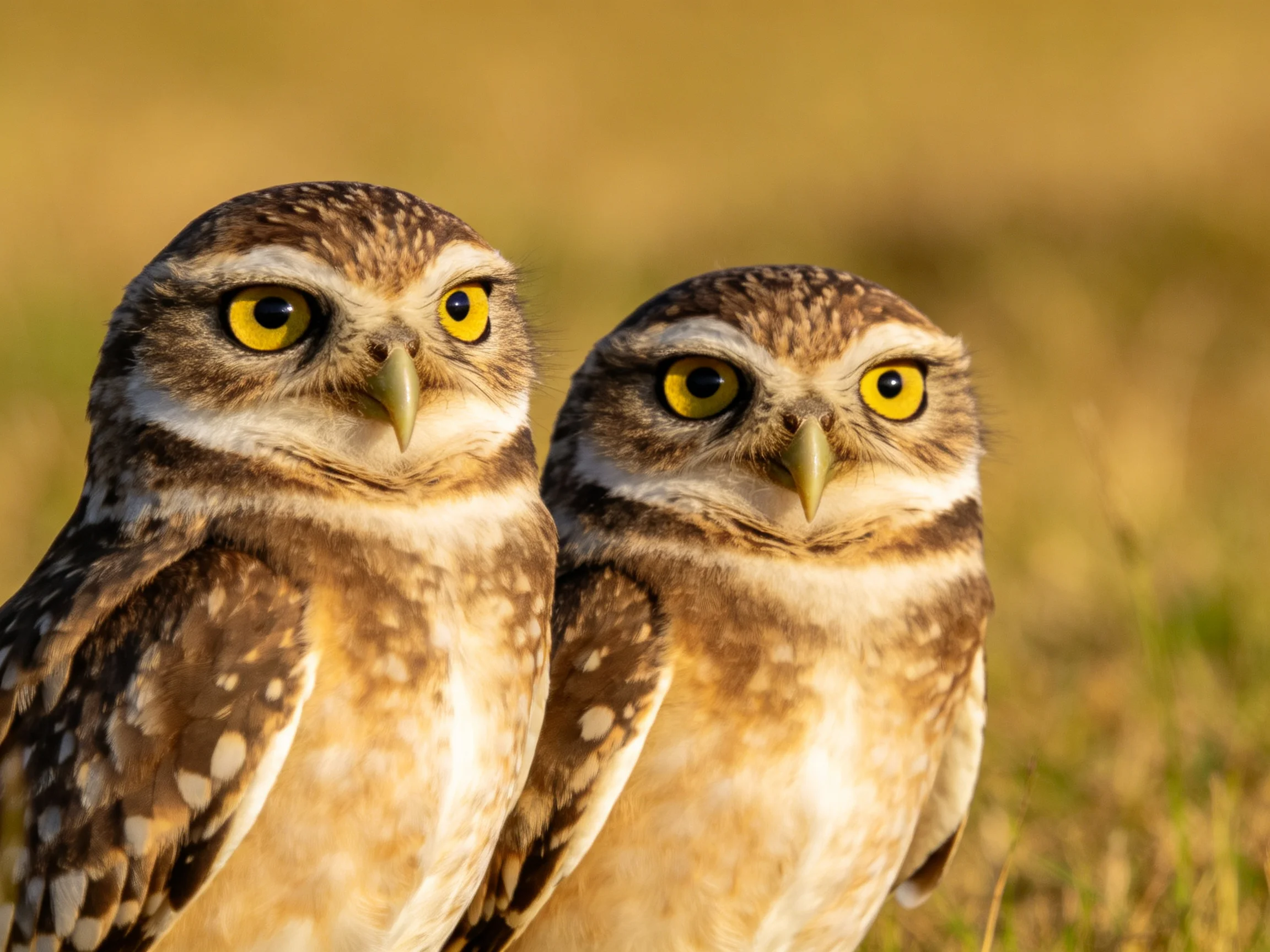 Two small owls with bright yellow eyes on a grassy field