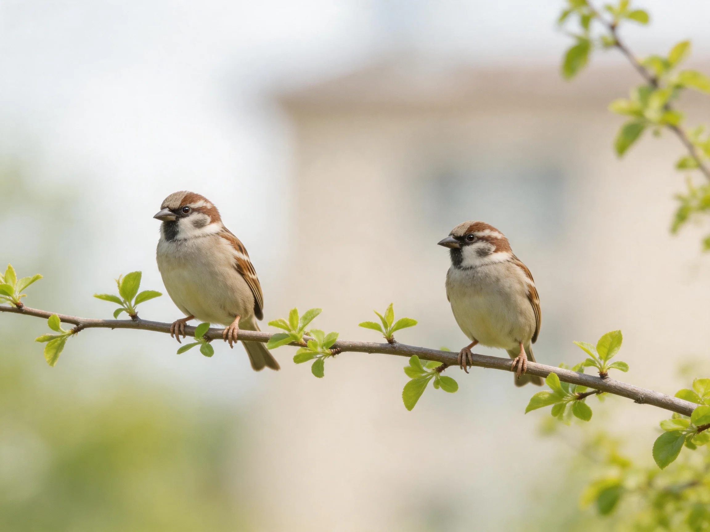 Two small sparrows rest on a leafy branch near a blurred building
