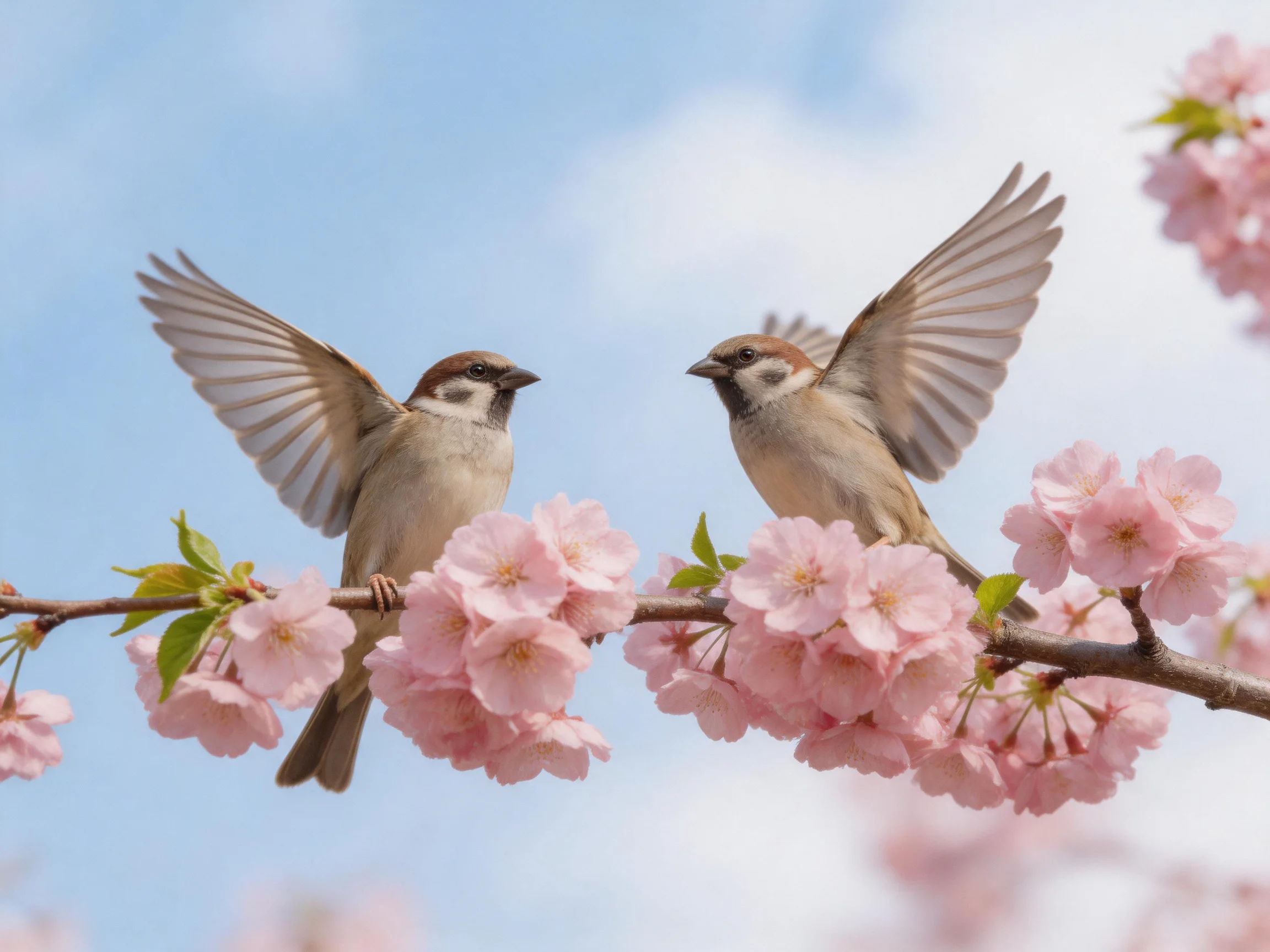 Two sparrows interacting on pink cherry blossom branch