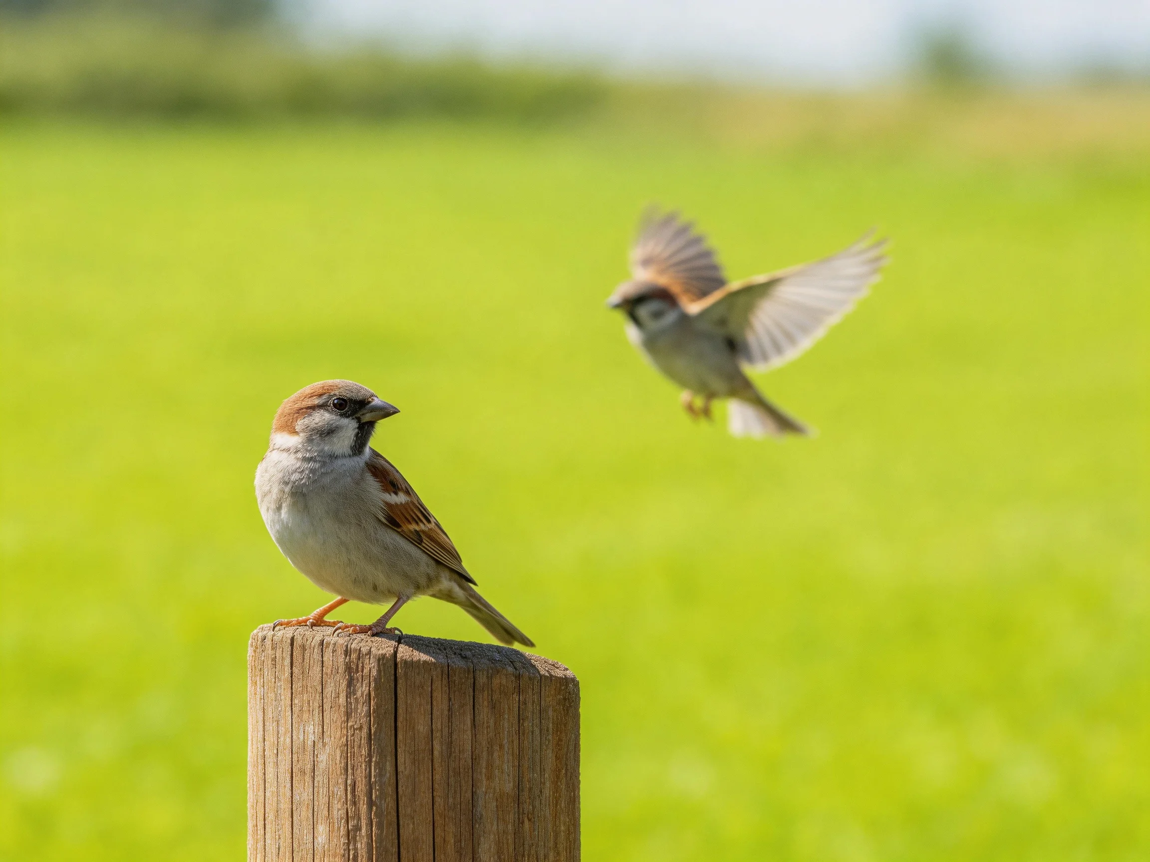 Two sparrows, one perched on a wooden post, one flying, in a bright green field.