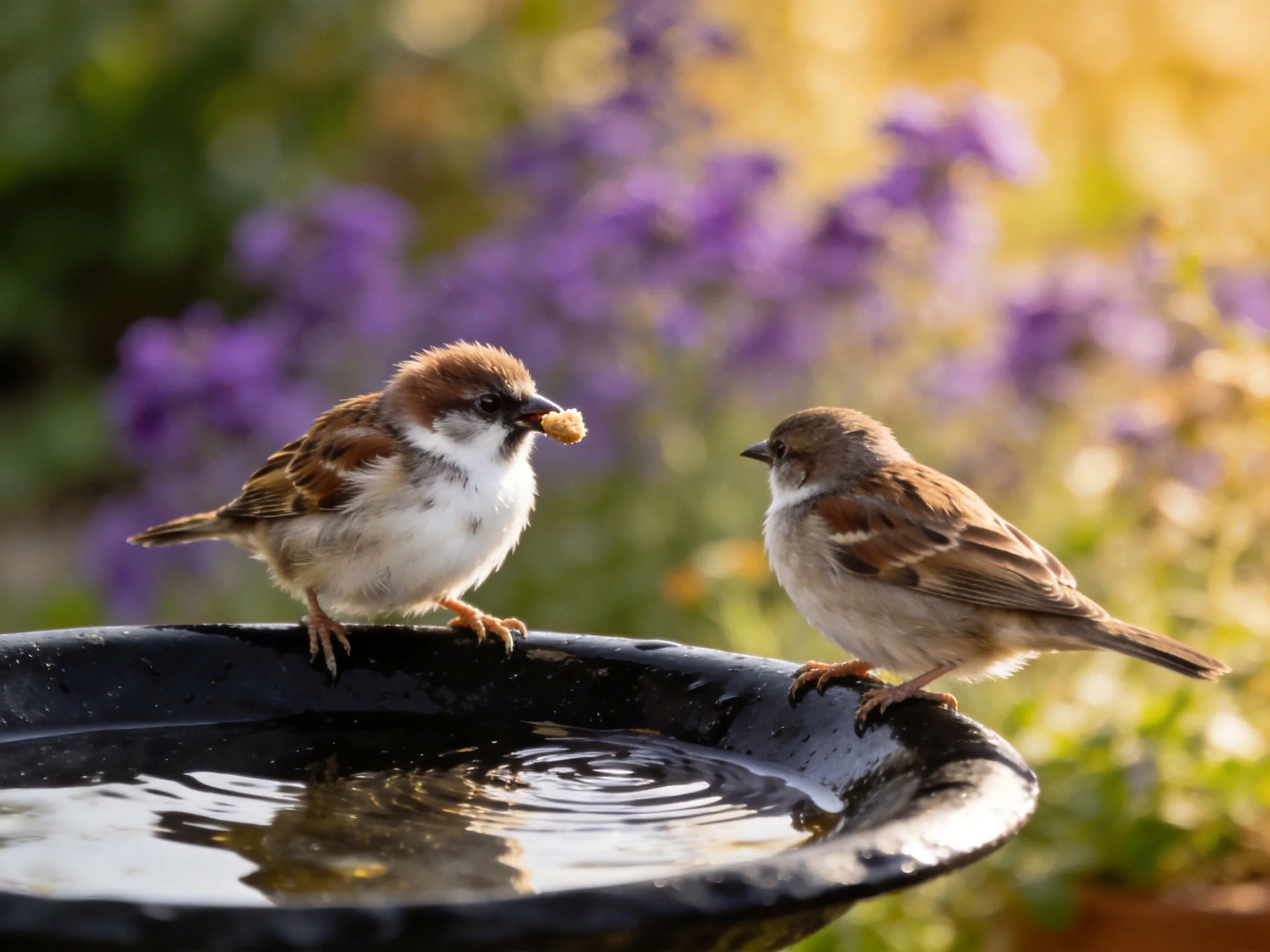 Two sparrows perch by a black birdbath with purple flowering plants