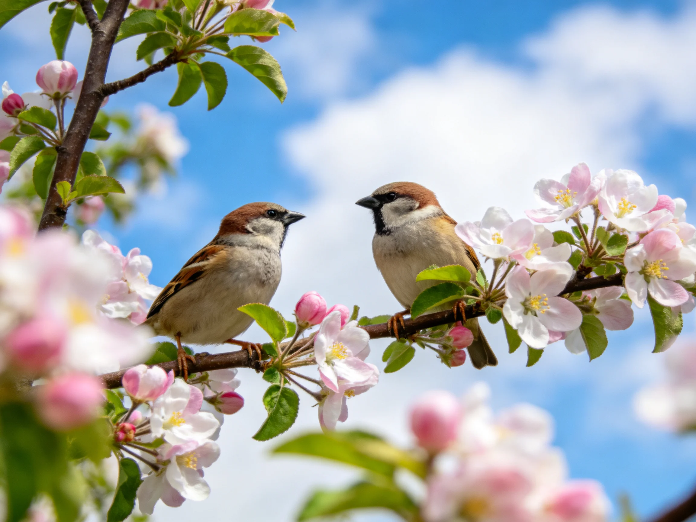 Two sparrows perch on a blooming apple tree branch with pink and white flowers