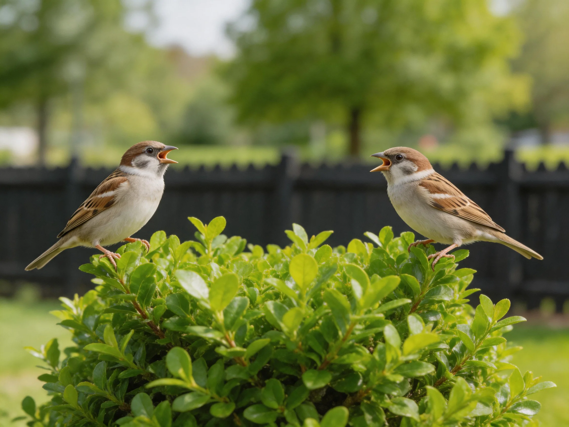 Two sparrows perch on a lush green bush beside a black fence