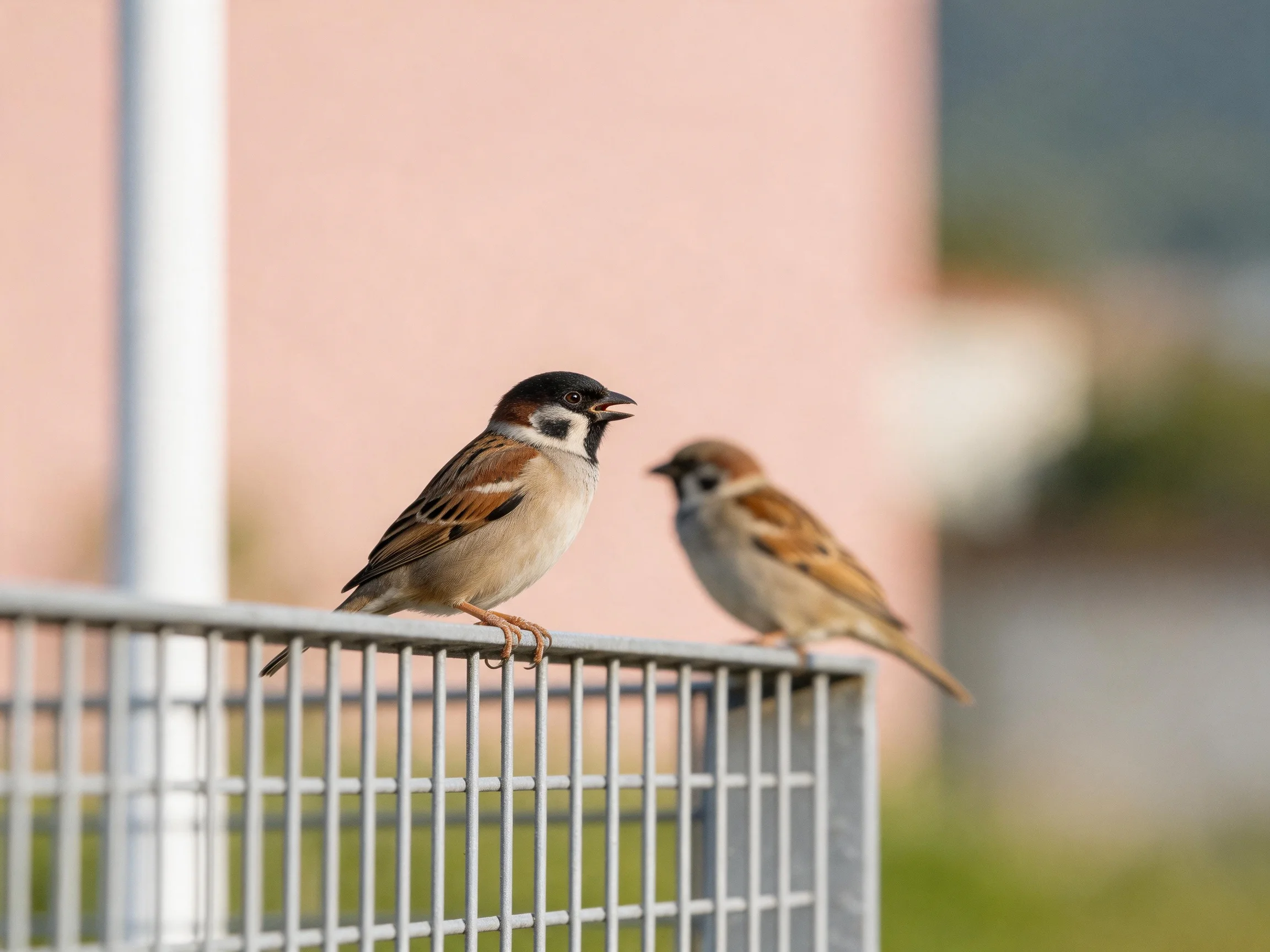 Two sparrows perch on a silver metal fence with a pink backdrop