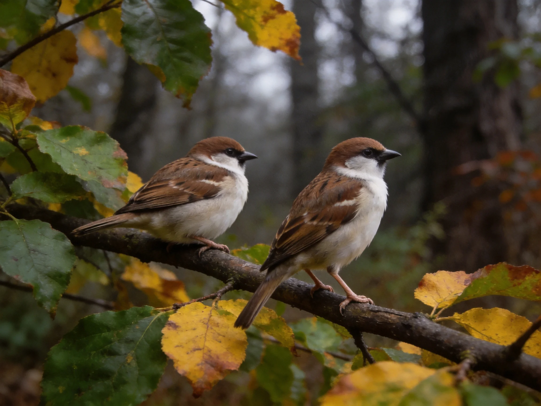 Two sparrows perch on an autumn forest branch