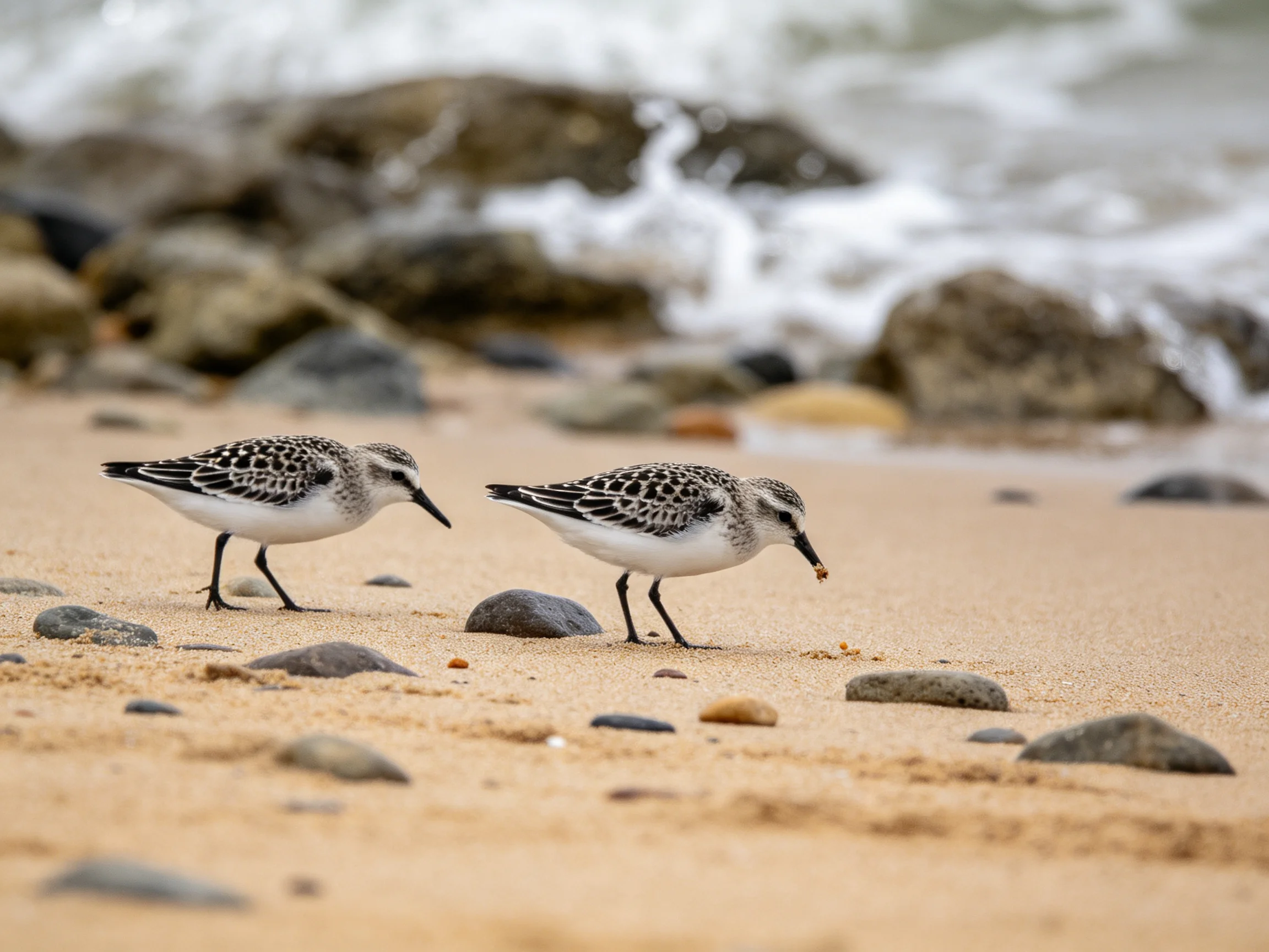 Two speckled shorebirds foraging on golden sand near rocky shoreline
