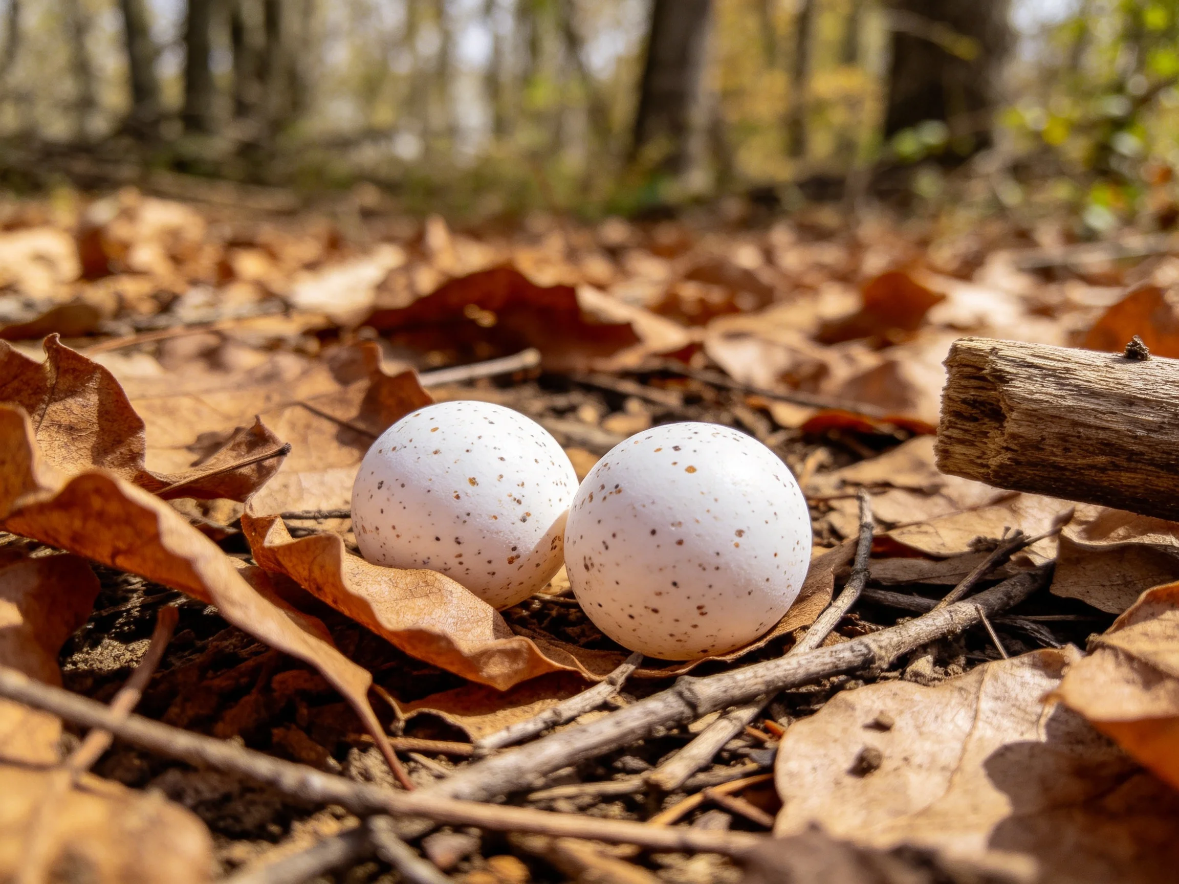 Two speckled eggs lie amid fallen leaves and twigs in a wooded area.