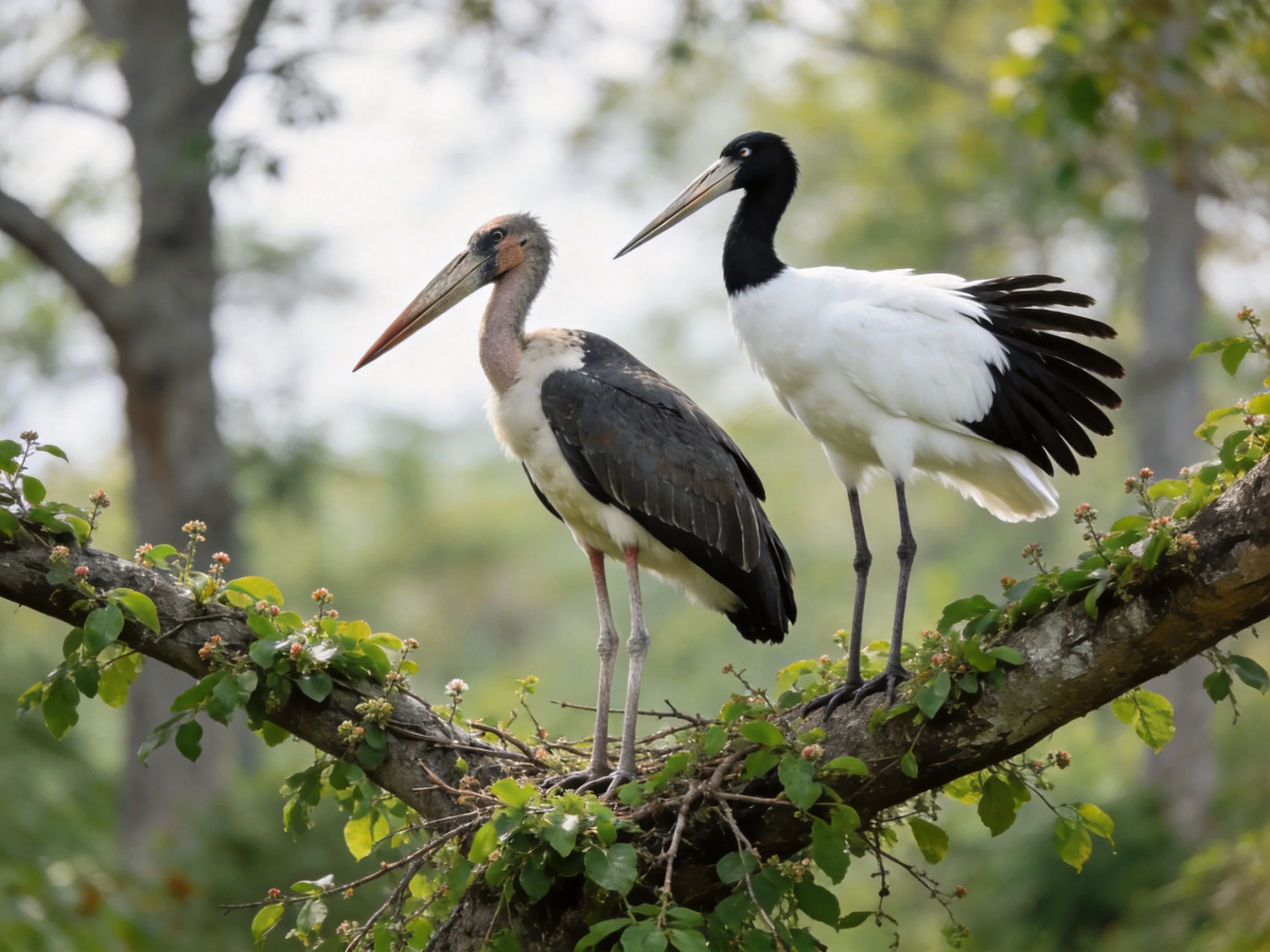 Two storks, one gray-brown, one black-white, on a leafy branch