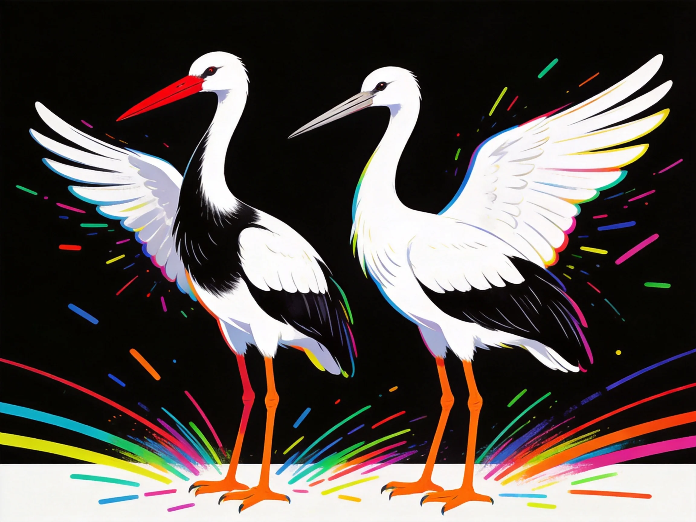 Two stylized birds with vibrant color splashes against a solid black background