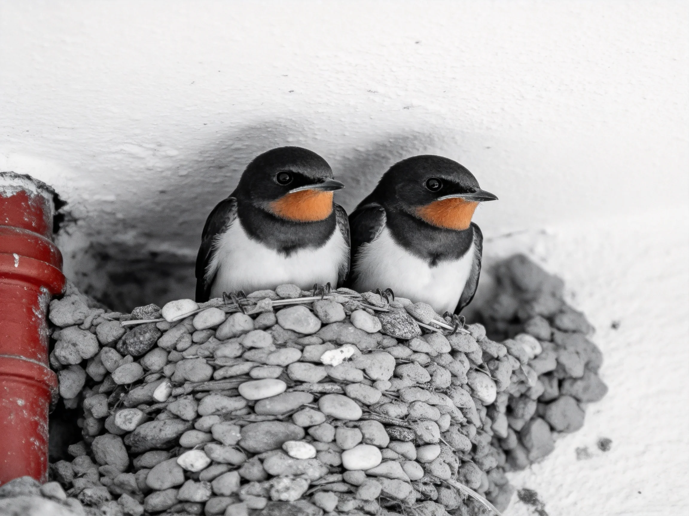 Two swallows with orange throats in a pebble nest near a red pipe