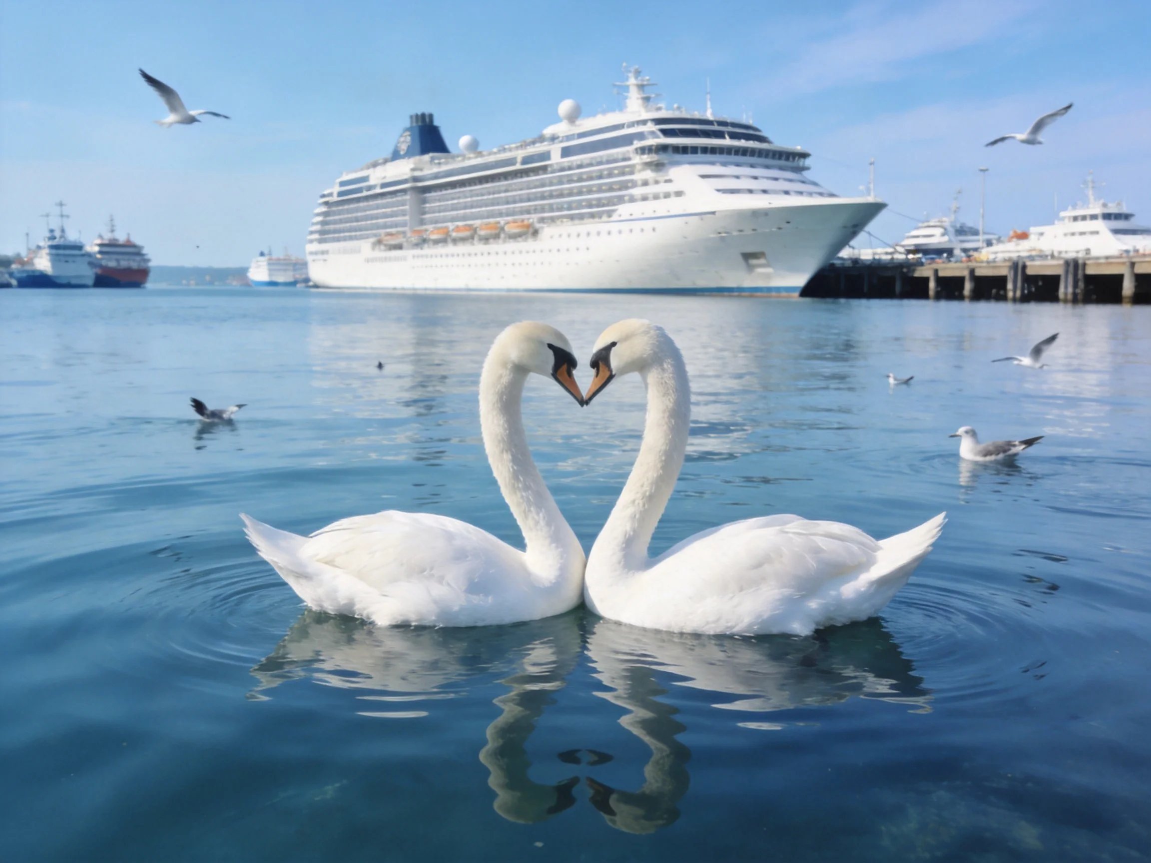 Two swans form a heart in a harbor with large cruise ships