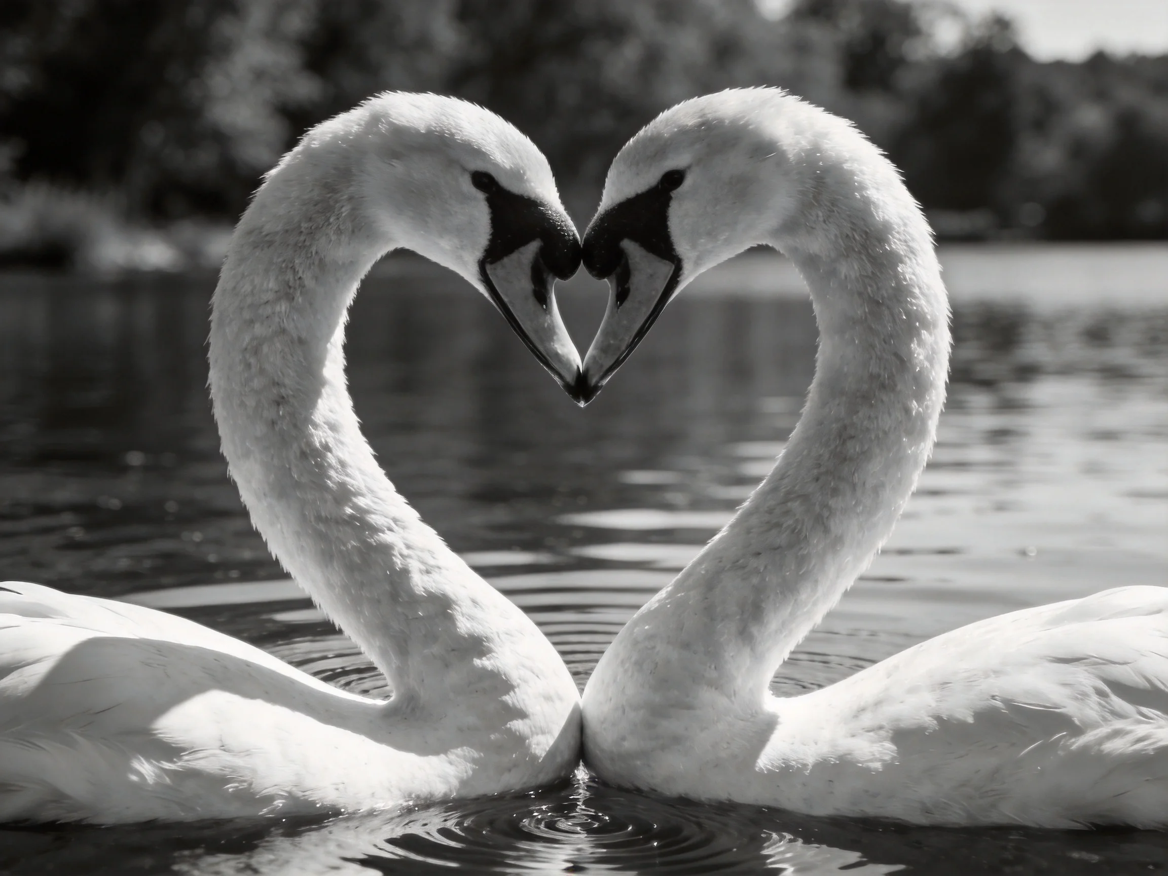 Two swans form a heart shape with necks in calm water