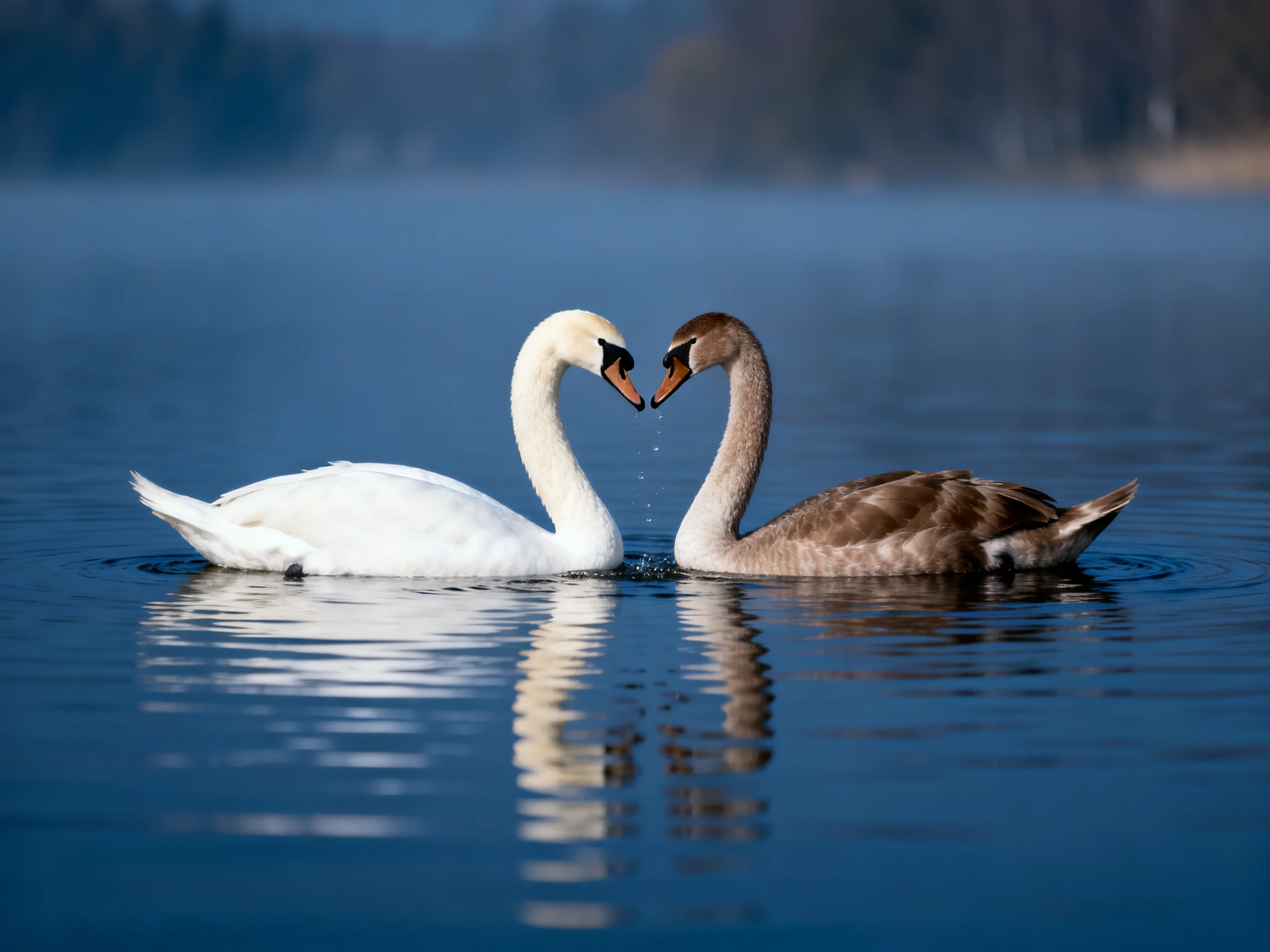 Two swans, one white and one brown, form a heart shape on calm water